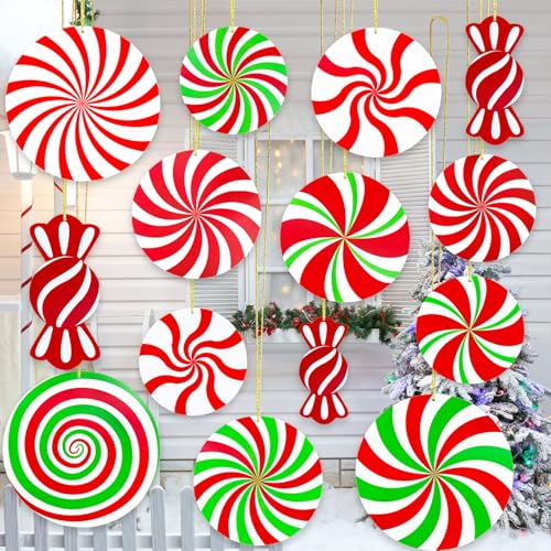 14 Pcs Christmas Candy Hanging Ornaments,Large Double Sided Christmas Yard