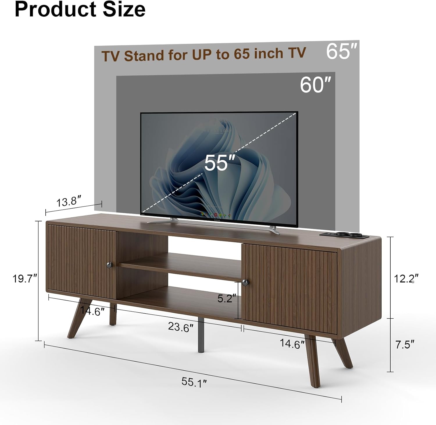 2 Piece Modern TV Stand and Coffee Table Set, 55.1" Fluted TV Stand with 2 Storage Cabinet for TVs up to 65 Inches, 41.3" Coffee Table with Open Shelf for Living Room, Curved Corner (Walnut)