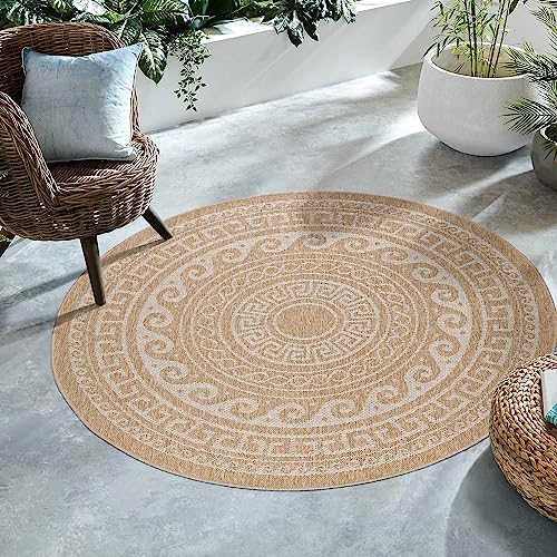 SIMPEX Outdoor Teppich, Vintage Design, Teppich Beige, 80 cm Rund, Teppich skandinavischen Stil, Küche, Balkon, Terrasse, Garten, Picknick