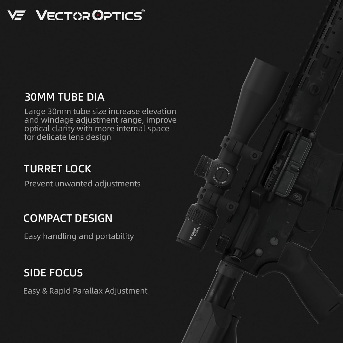 Vector Optics 4-16x44IR SFP Compact Riflescope – Versatile 4-16x Zoom, Fully Multi-Coated Optics, Illuminated Red Reticle, Compact Design, Precise Windage and Elevation Adjustments