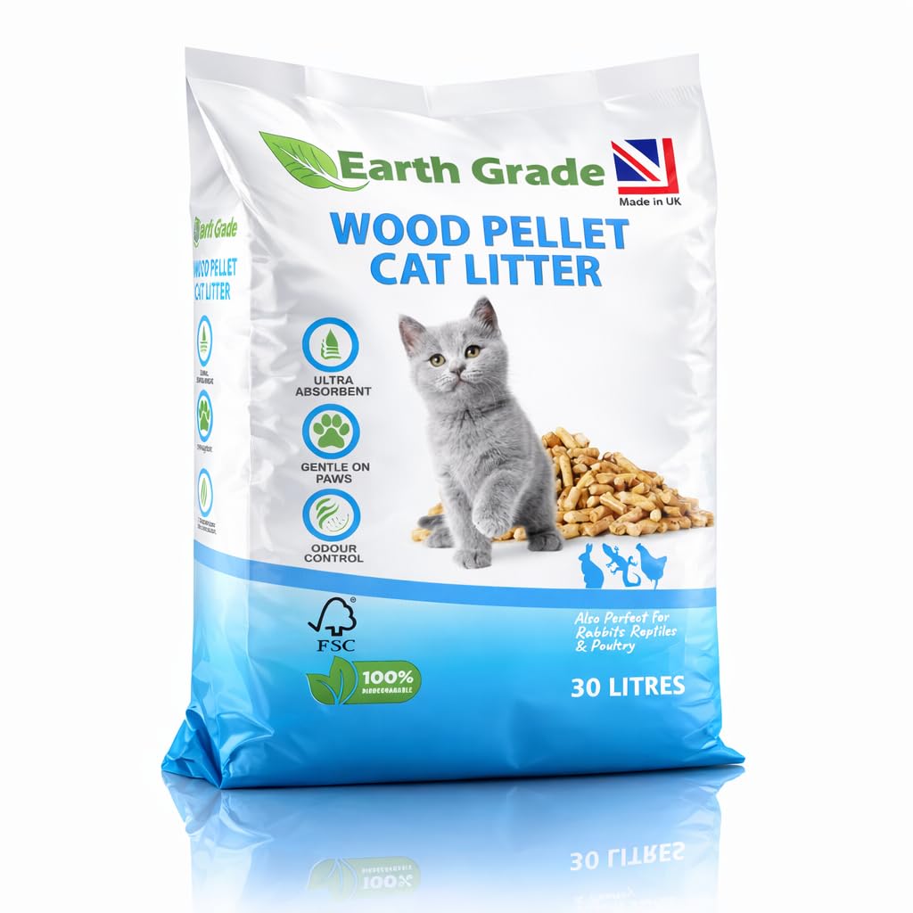 Earth Grade 30L Premium Wood Pellet Cat and Kitten Litter Biodegradable Virgin Softwood Pellets, Non Clumping, Ultra Absorbent, Odour Control, Natural Scent