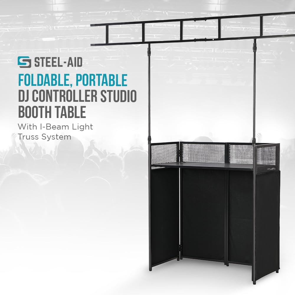 STEEL-AID Foldable, Portable DJ Controller Studio Booth With I-Beam Light Truss System & Carry Case - Professional DJ Tabletop Stand with Black & White Panels for Recording Sound Equipment & Lights