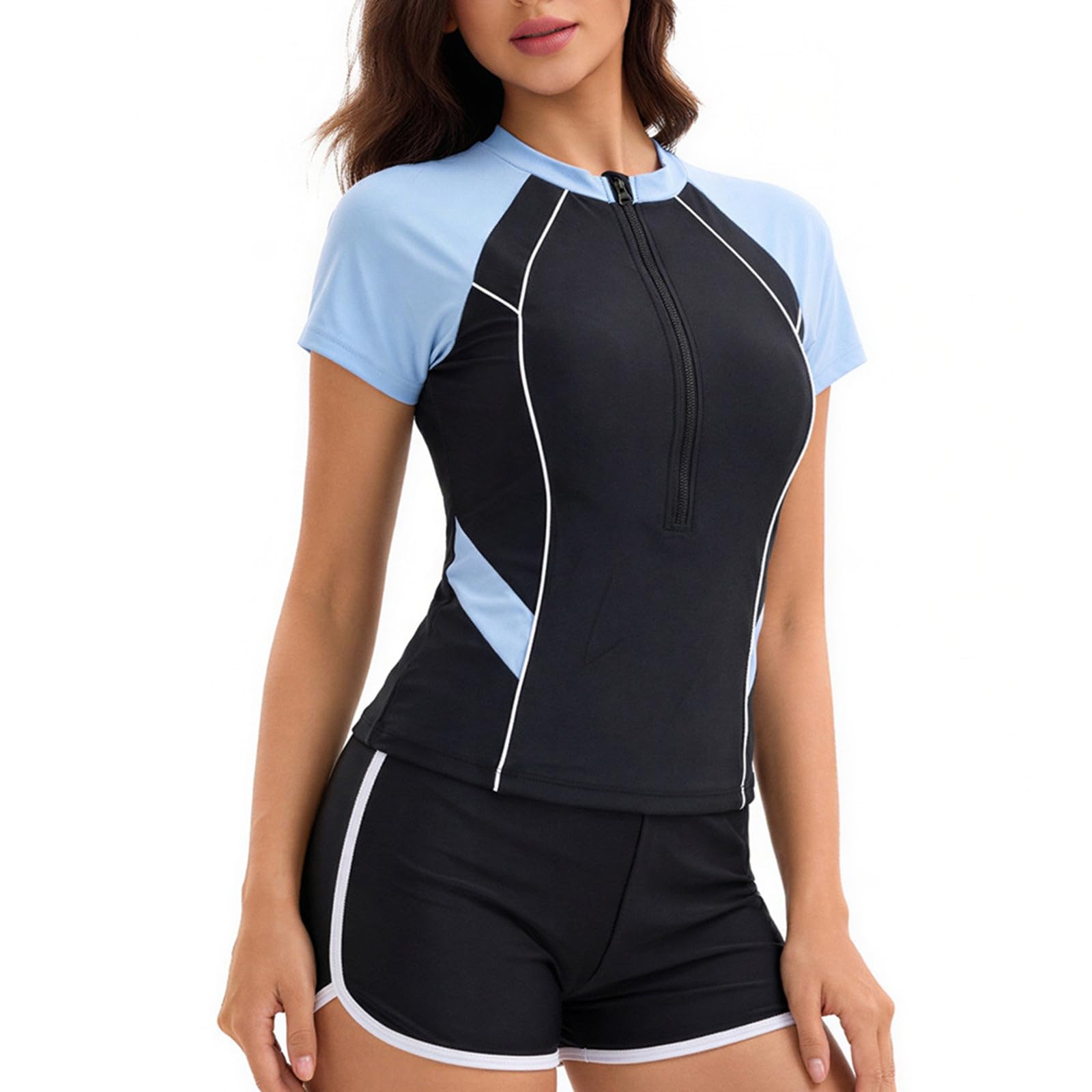 Traje baño Rash Guard Tankini Media Cremallera Manga Corta Mujer Color Block
