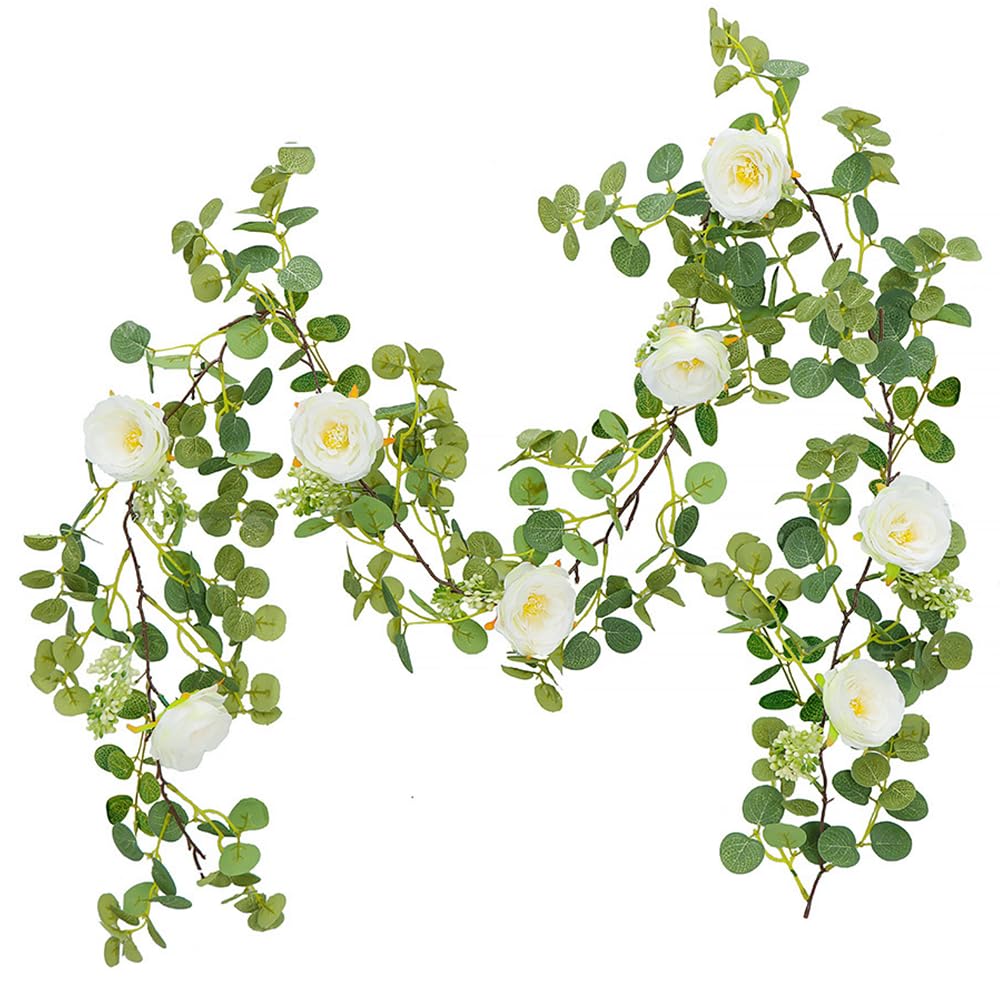 NIERBO Girlanda ze sztucznych róż, 2 m, jedwabne kwiaty, sztuczne kwiaty, girlanda z zielonymi liśćmi, na wesele, do domu, dekoracja (1, biała)