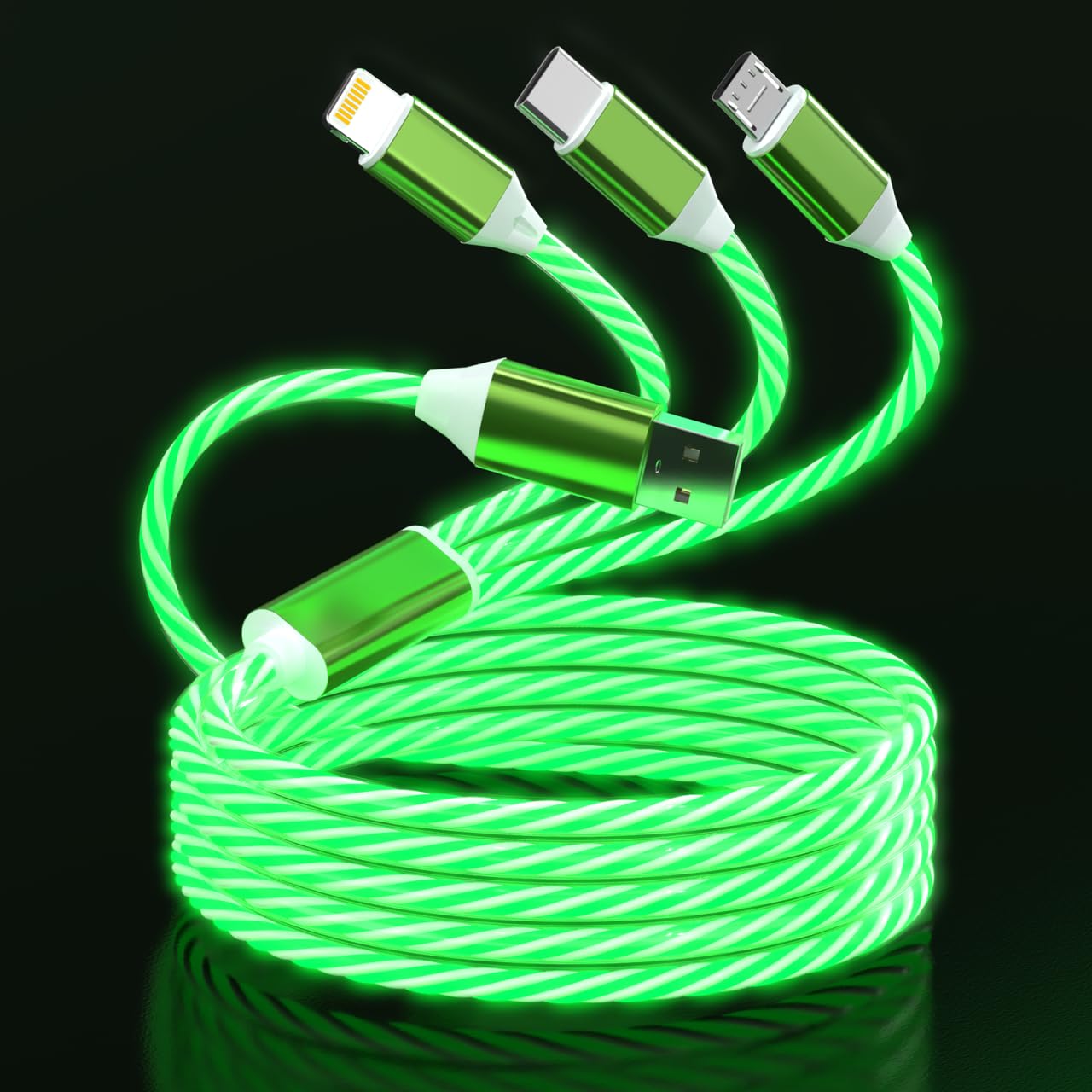3-in-1 LED Light Up Cool Flowing Multi RGB iPhone Charger Cable,Lightning/Type C/Micro USB Car Glowing Cord for Apple iPhone 15/14/13/12/11 Pro Max/XR/XS/SE,iPad/Android/Samsung(4FT Green)