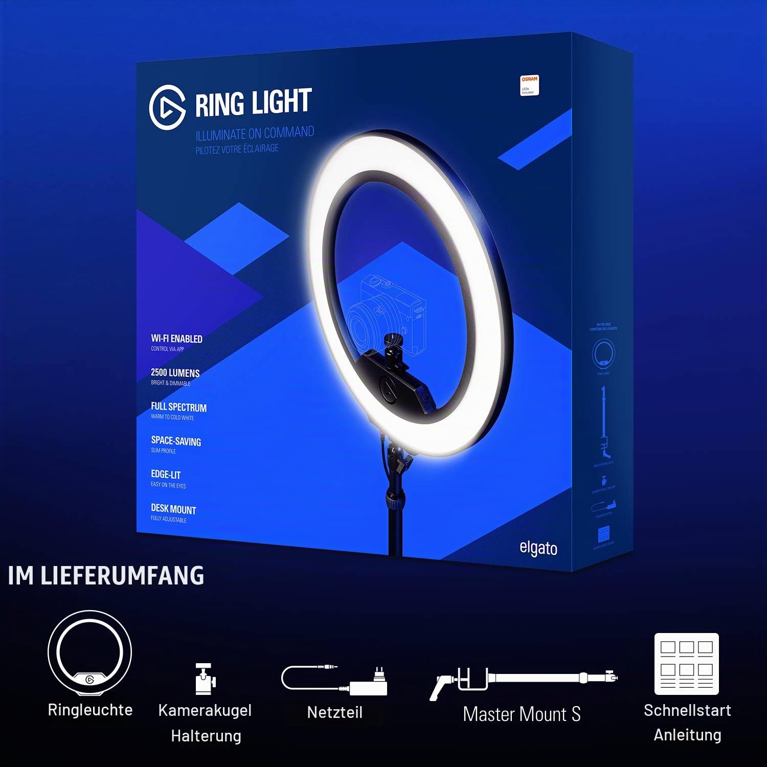 Elgato Ring Light - Hochwertige Beleuchtung in 2500 Lumen mit Tischklemme und Kugelgelenk zum Streamen, TikTok, Instagram, Home Office, Temperatur und Helligkeit per App anpassbar auf Mac, PC, Android