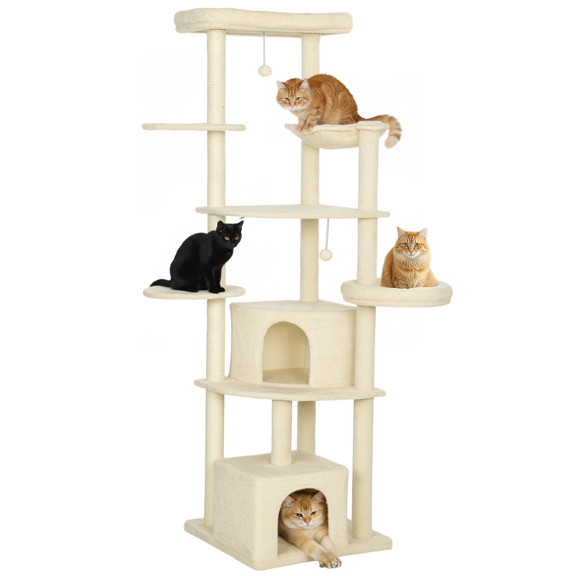 PawHut Tiragraffi per Gatti Alto 200 cm con 5 Pali Graffiatoi Sisal Beige | Albero per Gatti Adulti XXL Multilivello, 2 Grotte, 2 Cucce, Amaca, 2 Pompon, Piattaforme, Peluche, Torre per Gattini