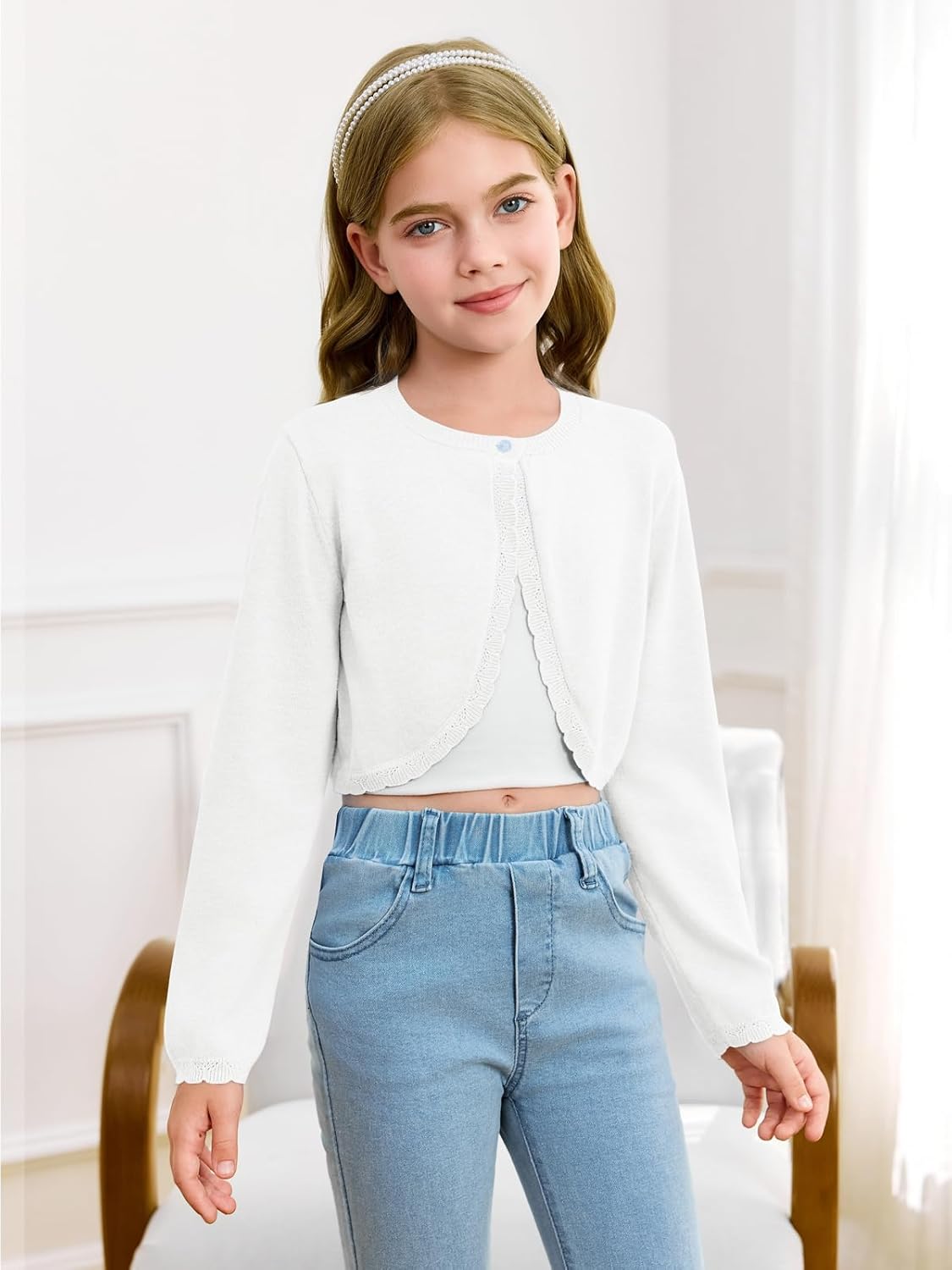 Girls Long Sleeve Bolero Cardigan Sweater Kids Cute Button Knit Shrug Cropped Sweaters Tops - Image 3