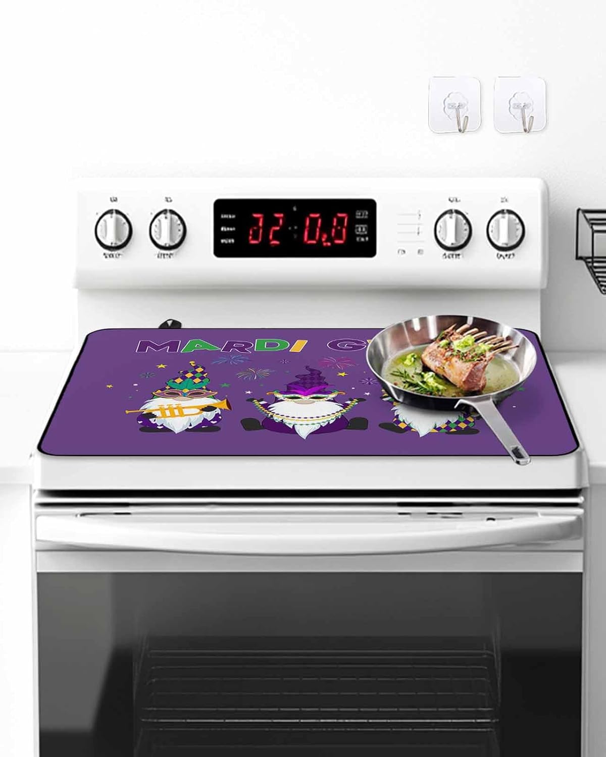Mardi Gras Stove Top Cover for Electric Stove Carnival Gnome Mask Deep Purple Theme Heat Insulation Stove Mat for Glass Top Flat Cooktop Countertop Protector Dish Drying Mat 24"x21"