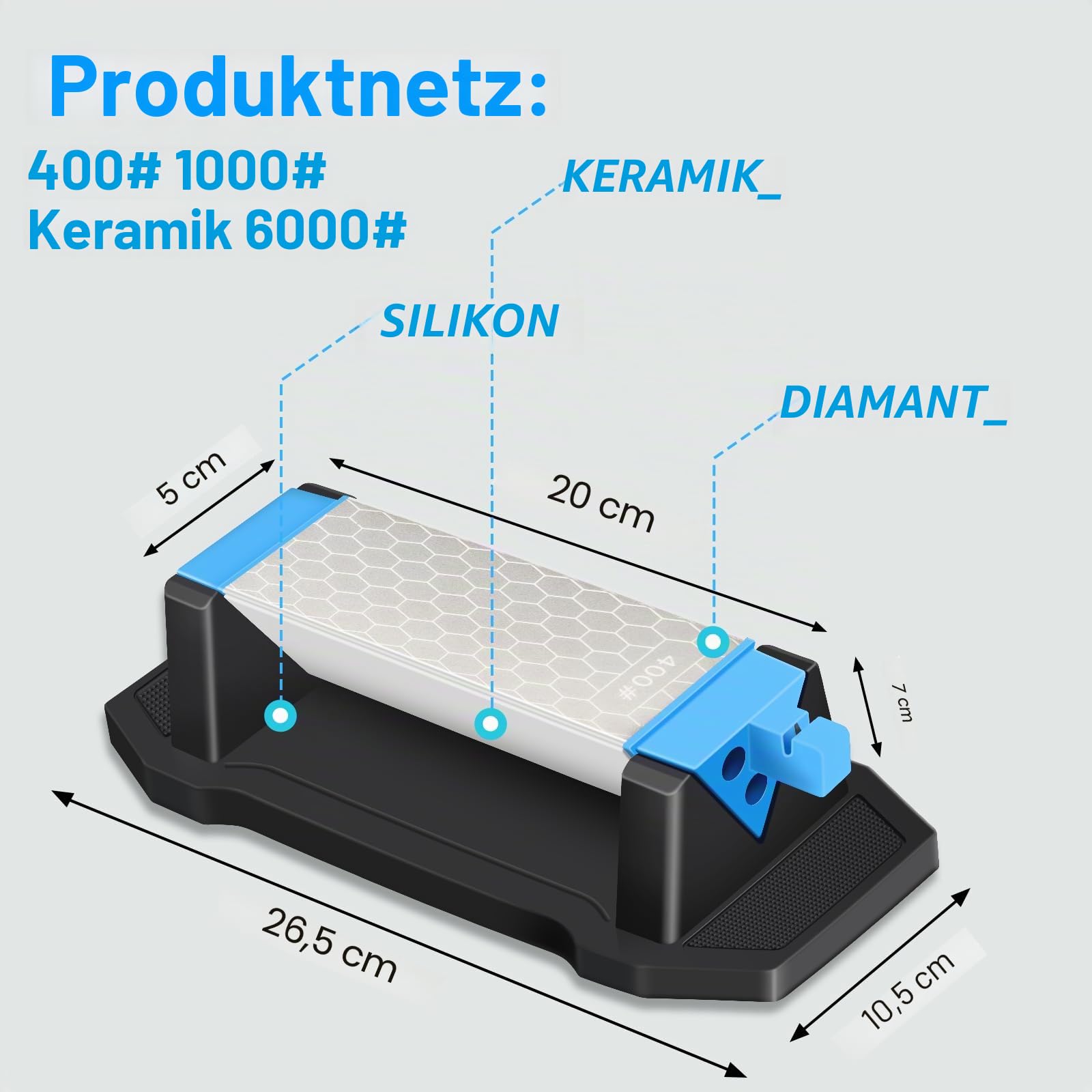 KITANIS Diamant-Schleifstein, 3-seitig, Körnung 400/1000/6000, hochwertiger industrieller Diamant- und Keramik-Schleifstein, Messerschärfer, Stein mit Kantengriffhalter und rutschfester Unterseite
