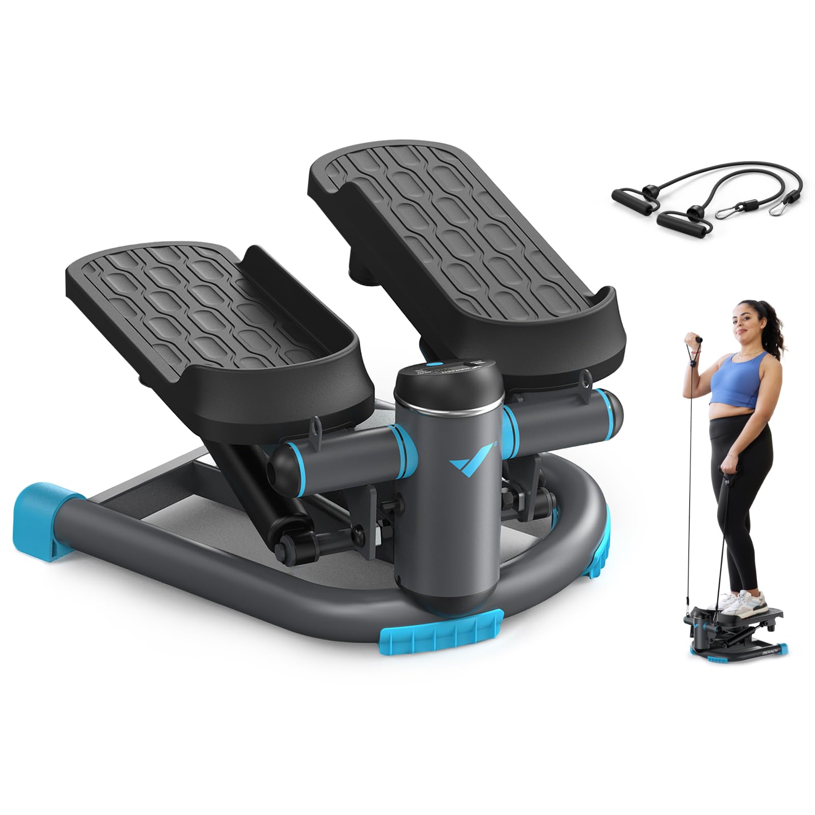 MERACH Mini Stepper Fitness 2 in 1 für zu Hause, leise Twister 150 kg mit LCD-Display und Widerstandsbändern, für Training von Beinen, Armen und Gesäß