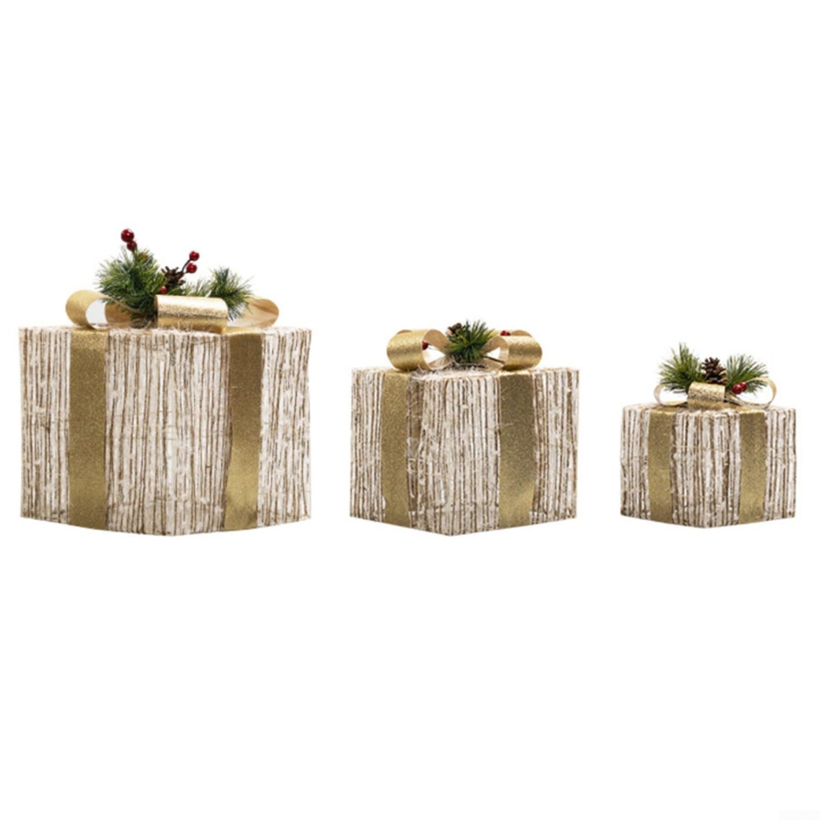 Set di 3 scatole natalizie illuminate, in peluche, decorazione regalo con timer, fiocco argentato, telaio in ferro battuto, per interni ed esterni (oro)