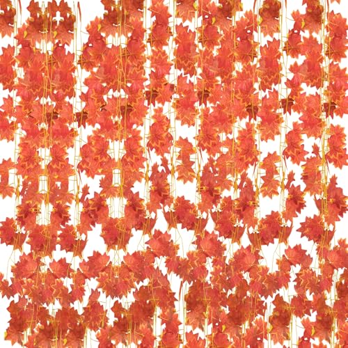 12 Pack 7.9 ft Artificial Maple Leaf Garland, 30 Leaves per Garland, Autumn Leaf Foliage Fall Decorations for Home, Garden, Room, Fireplace, Porch, Thanksgiving, Wedding, Indoor Outdoor Decor