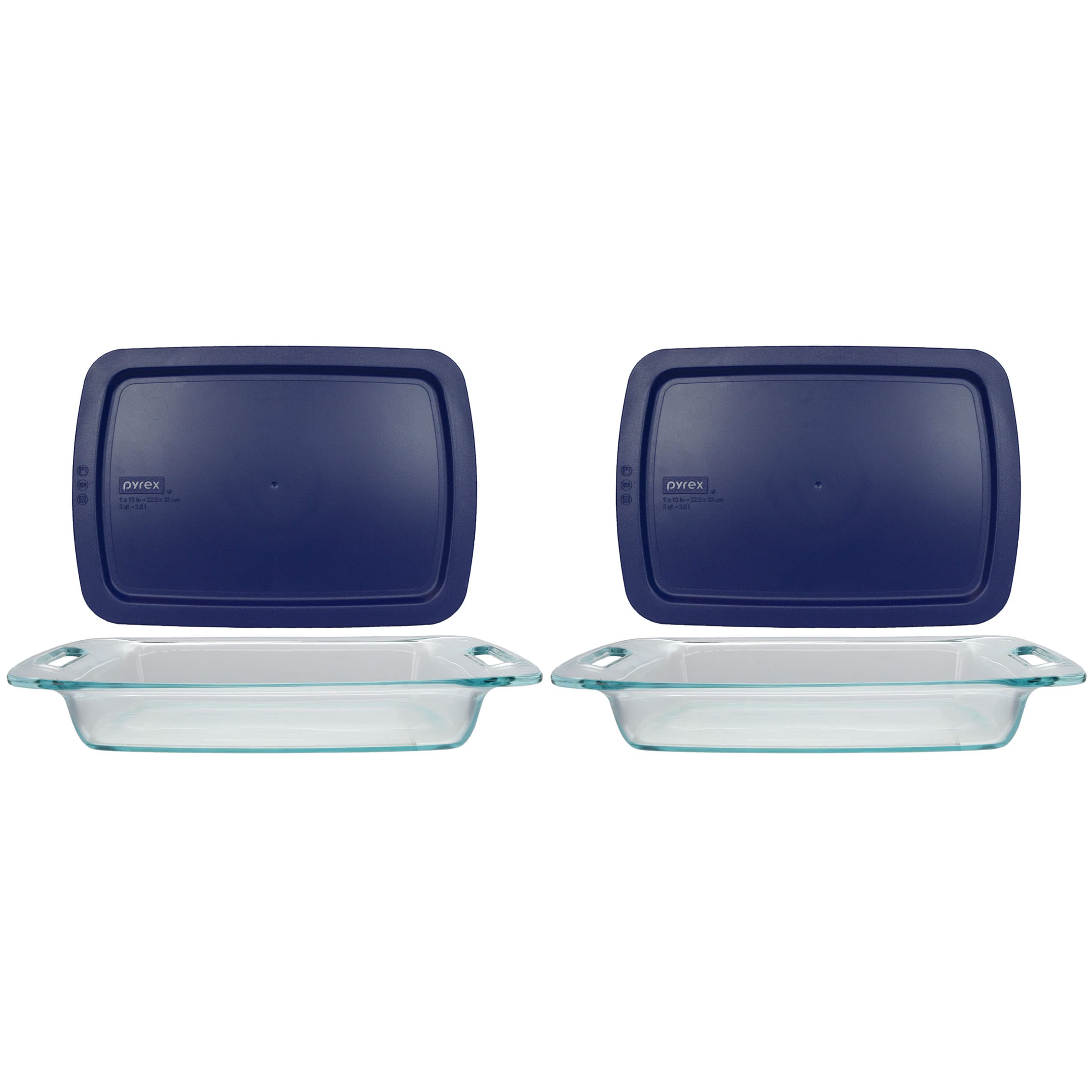 Pyrex(2) C-233 3qt Easy Grab Glass Baking Dishes & (2) C-233-PC 3qt Blue Easy Grab Lids