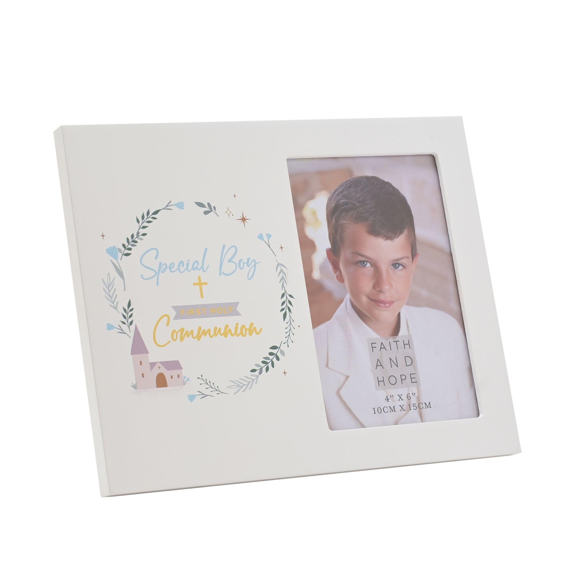 Widdop Faith and Hope Wreath First Communion Boy Photo Frame - 4" x 6" - Wooden Material - Religious Commerative Gift Picture Frame
