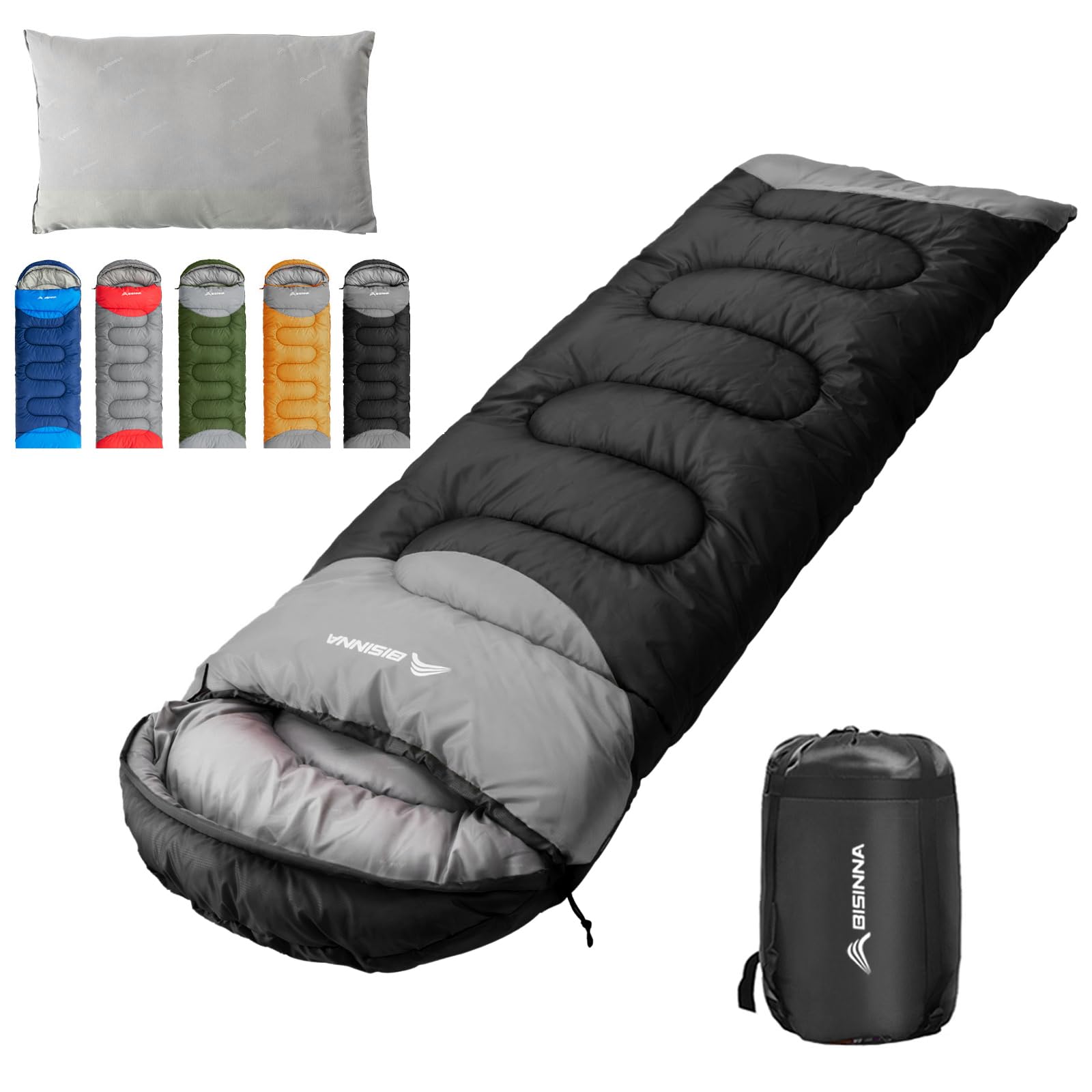 BISINNA Sleeping Bag with Pillow - 4 Season Lightweight Waterproof Warm Sleeping Bag with a compression sack for Adults, Women, Men's Outdoors Camping, Hiking (Black, 4 Season Right Zipper)