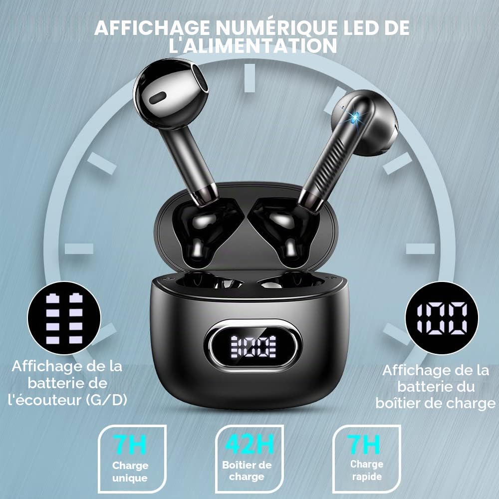 Drsaec Ecouteurs Bluetooth sans Fil, 2024 É couteur Bluetooth 5.3 avec 4 ENC Antibruit Mic, ecouteurs sans Fil 42H Oreillette Blue Tooth, Casque san Fil Sport IP7 Étanche, Écran LED