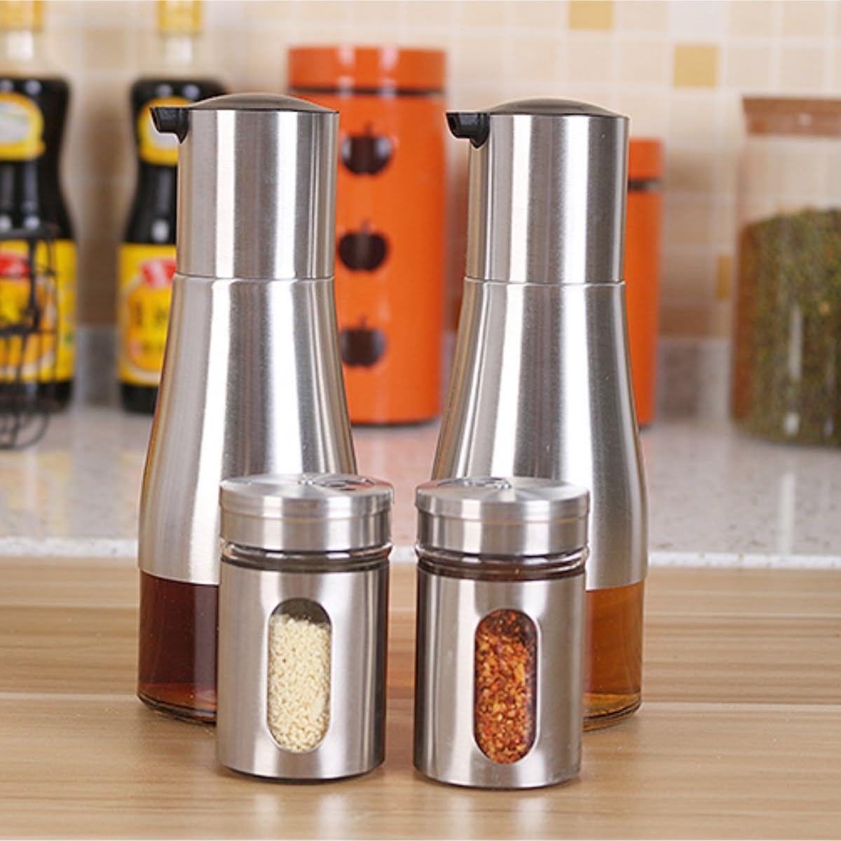 Camping Bouteille Huile Et Vinaigre Bouteille D'assaisonnement Liquide en Verre Épais Acier Inoxydable for Cuisine À Domicile avec Ensemble D'étagères Pique-Nique Plein Air