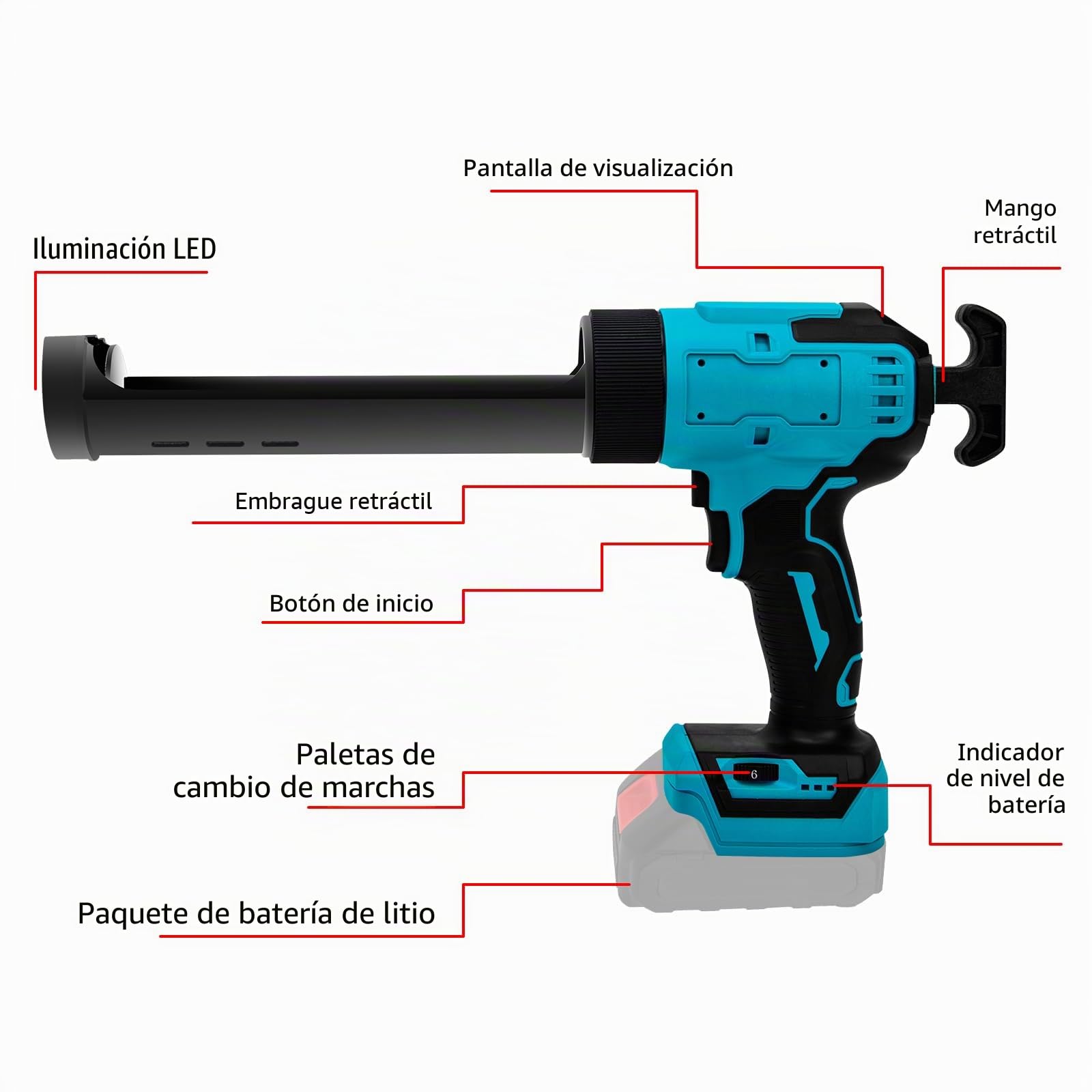 Pistola Silicona Bateria Compatible con Makita 18V, Pistola de Silicona Electrica con Sistema Antigoteo, 6 Velocidades Ajustables y Luz LED, Pistola de Calafateo de 300ml (Sin Bateria)