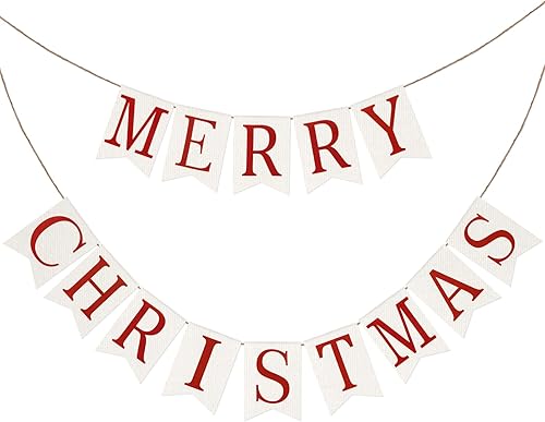 GCQQ Cartel de Feliz Navidad  Guirnalda de arpillera de Navidad de 9.8 pies de color rojo y blanco para interiores, vintage, decoración al aire