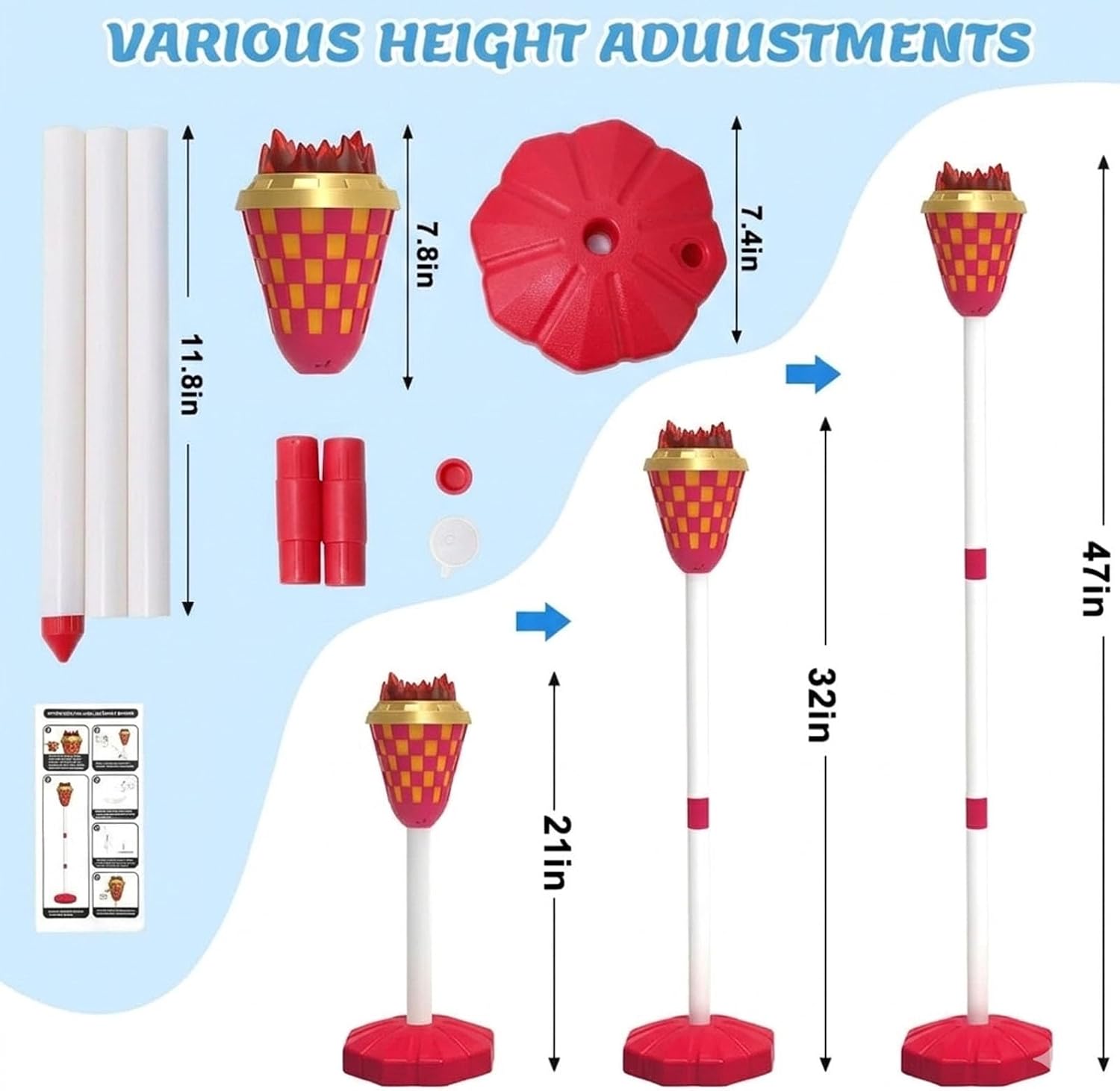 Standing Bubble Machine with Lights & Music, 47" Automatic Bubble Torch Garden Lamp for Outdoor Night time, Light Up Bubble Machine with Adjustable Pole, Family Gathering Gifts (Red)