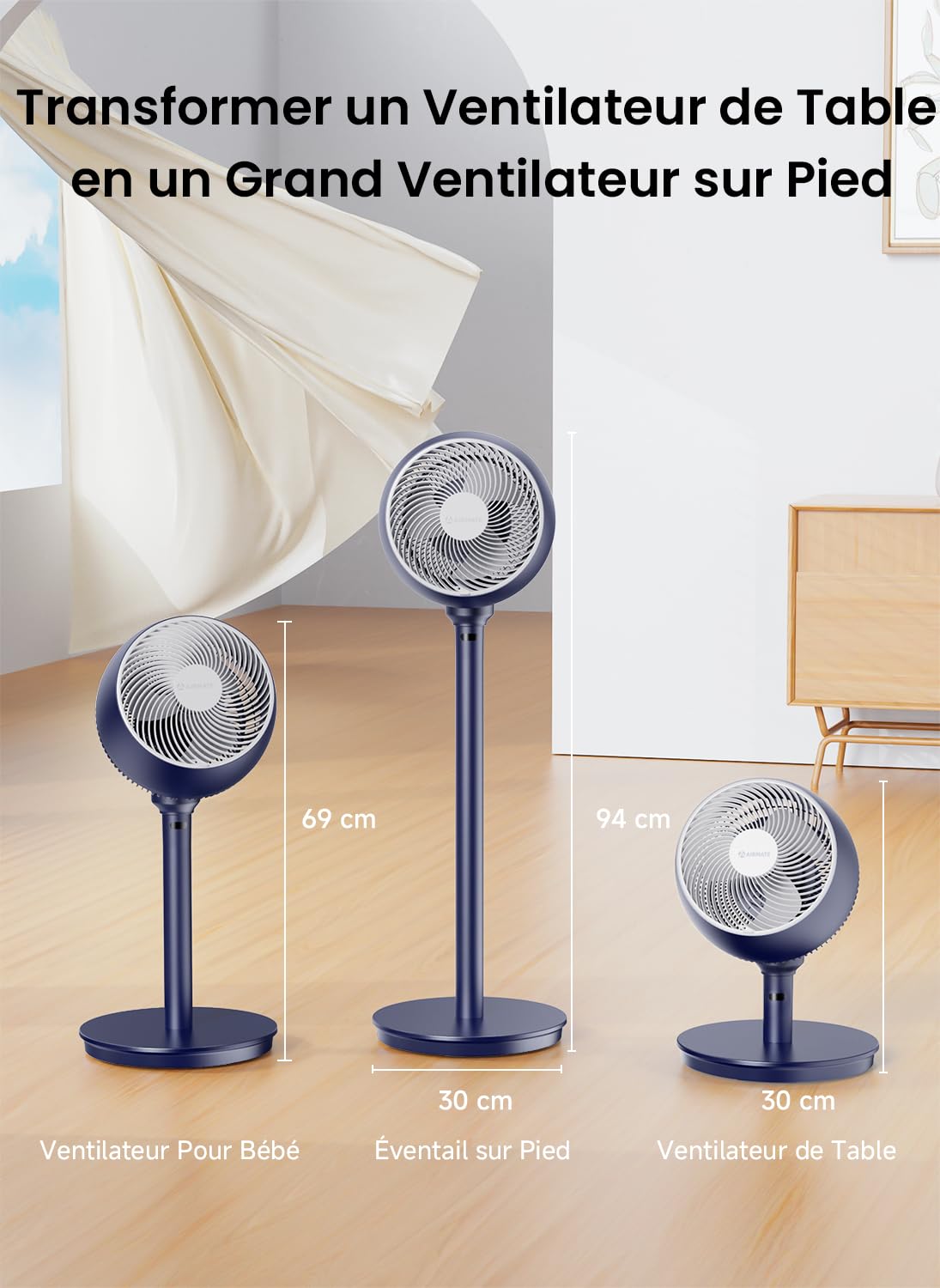 Airmate Ventilateur Silencieux 25 dB, Ventilateur Puissants 12 Vitesses, Portée de 26 m, Ventilateurs sur Pied avec Télécommande, Trois Hauteurs Réglables, Ventilateurs à économie d'énergie 20W