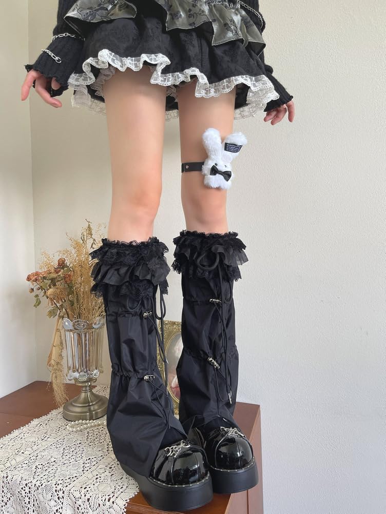 Women's Goth Leg Warmers Fashion Lace Trim Drawstring Y2K Harajuku Waterproof Leg Sleeve Socks for Girls