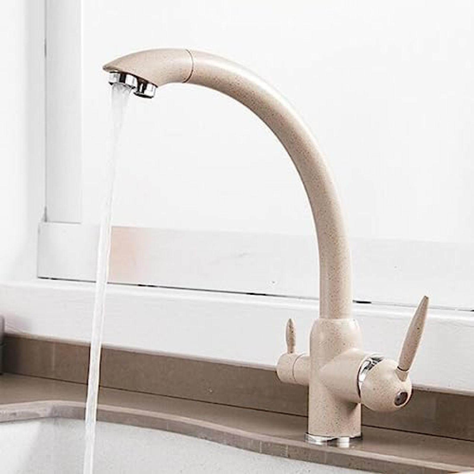 Grifo De Cocina De 3 Vías Con Rotación De 360°, De Latón, Duradero, Para Agua Caliente Y Fría, Grifo De Un Solo Orificio Para Fregadero De Cocina, Color Avena (color: Avena