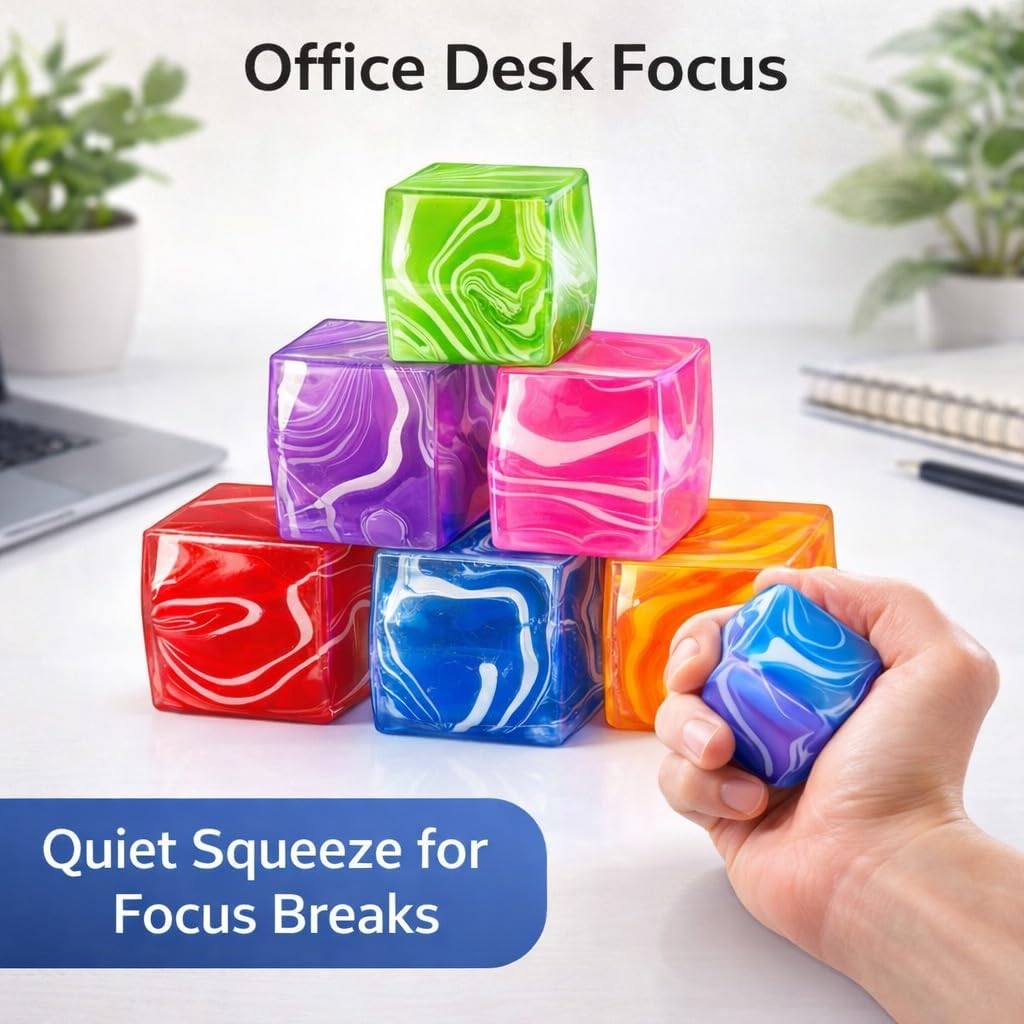 Adouiry 6 Pack Squishy Stress Cube - Square Fidget Sensory Slow Rising Toys for ADHD - Jelly Cubes Gel Filled - Swirl Nice Cube - Marble Glitter Stress Toy for Adults