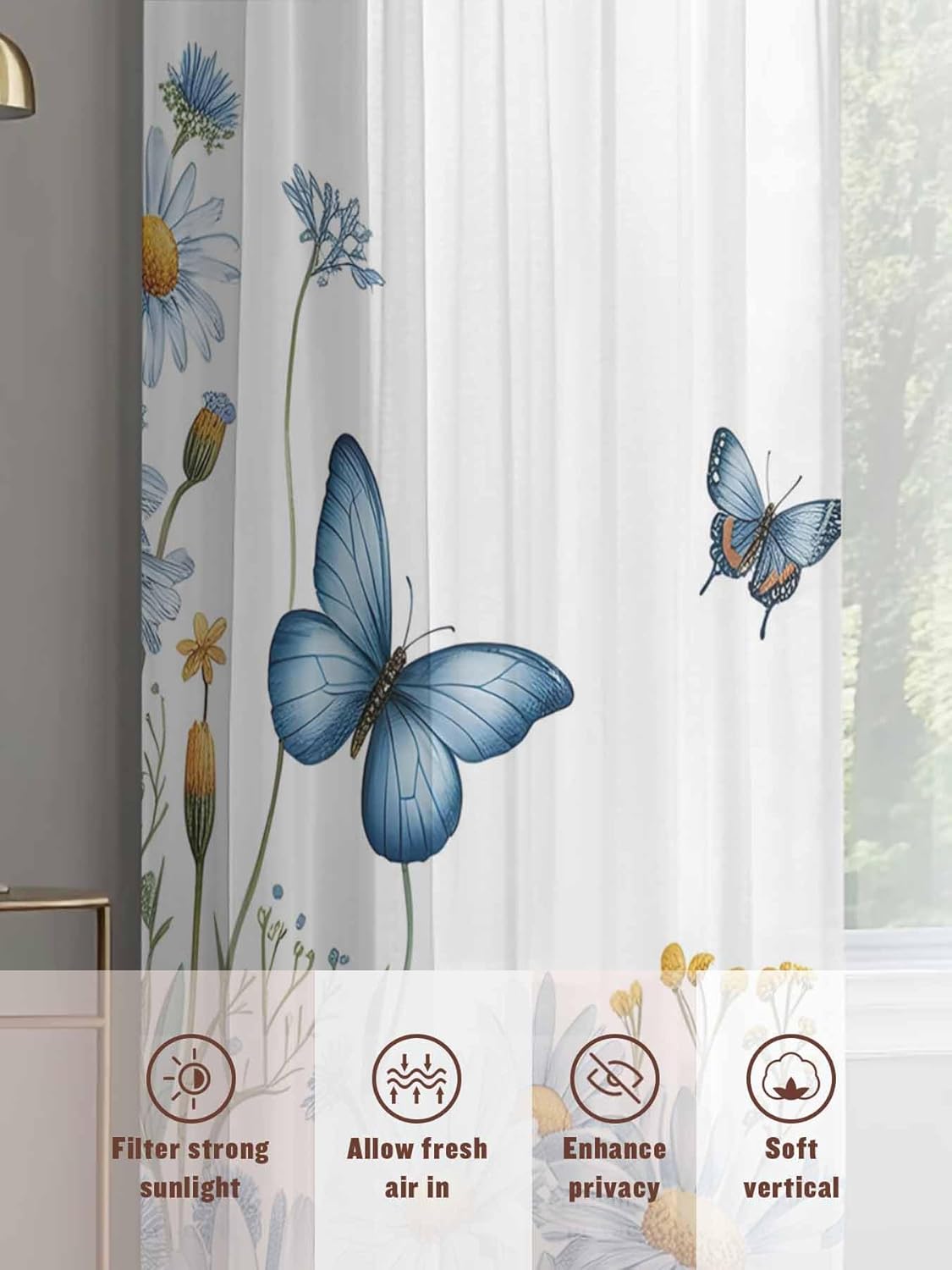 White Daisy Blossom Sheer Curtains for Living Room Bedroom Spring Graden Floral Butterflies Sheer Curtains 63 Inch Long 2 Panels Set Light Filtering Curtain Window Treatments Drapes for Dining Room