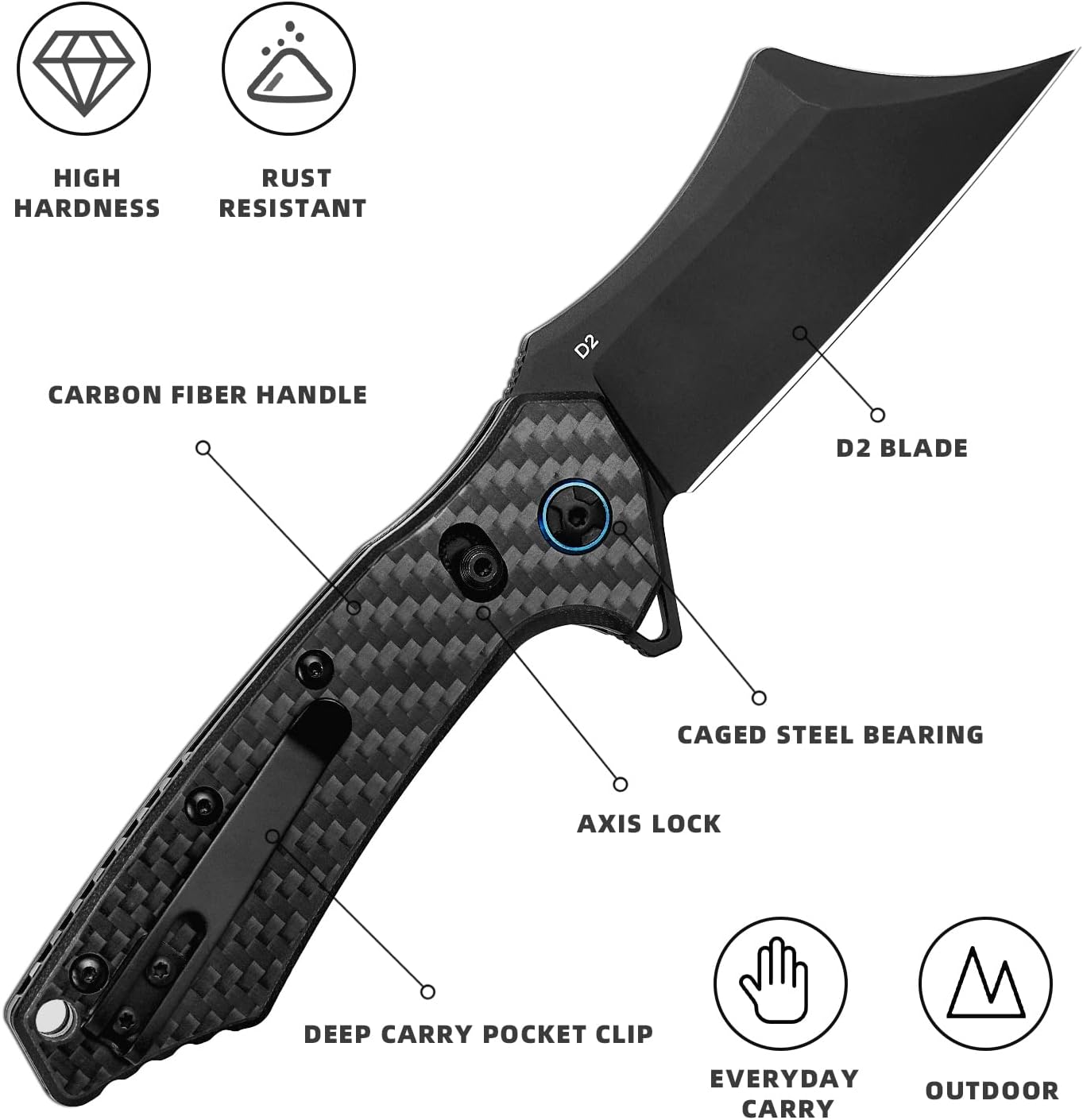 Pocket Knife EDC Folding Knife Assisted Opening Knives with D2 Steel Blade and Carbon Fiber Handle for Outdoor Tactical Survival Camping Hiking Fishing, Black Pocket Knife for Men & Women
