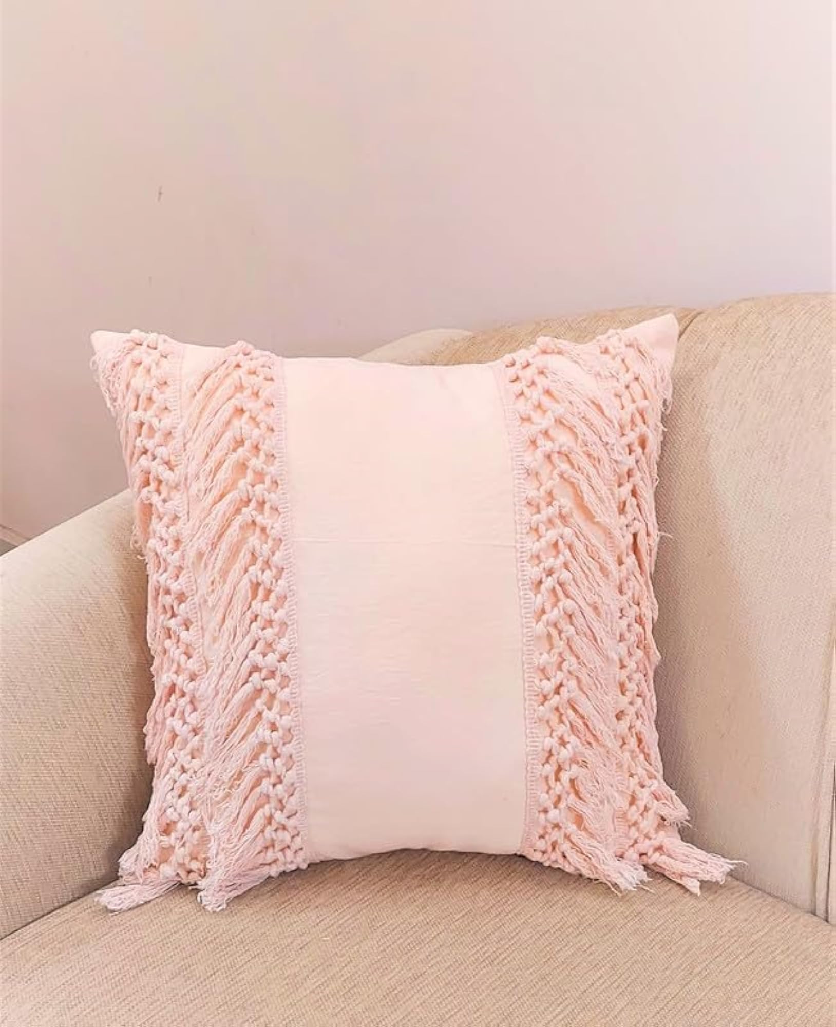 Blush Pink Macramé Fringe Cushion Cover, Boho Chic