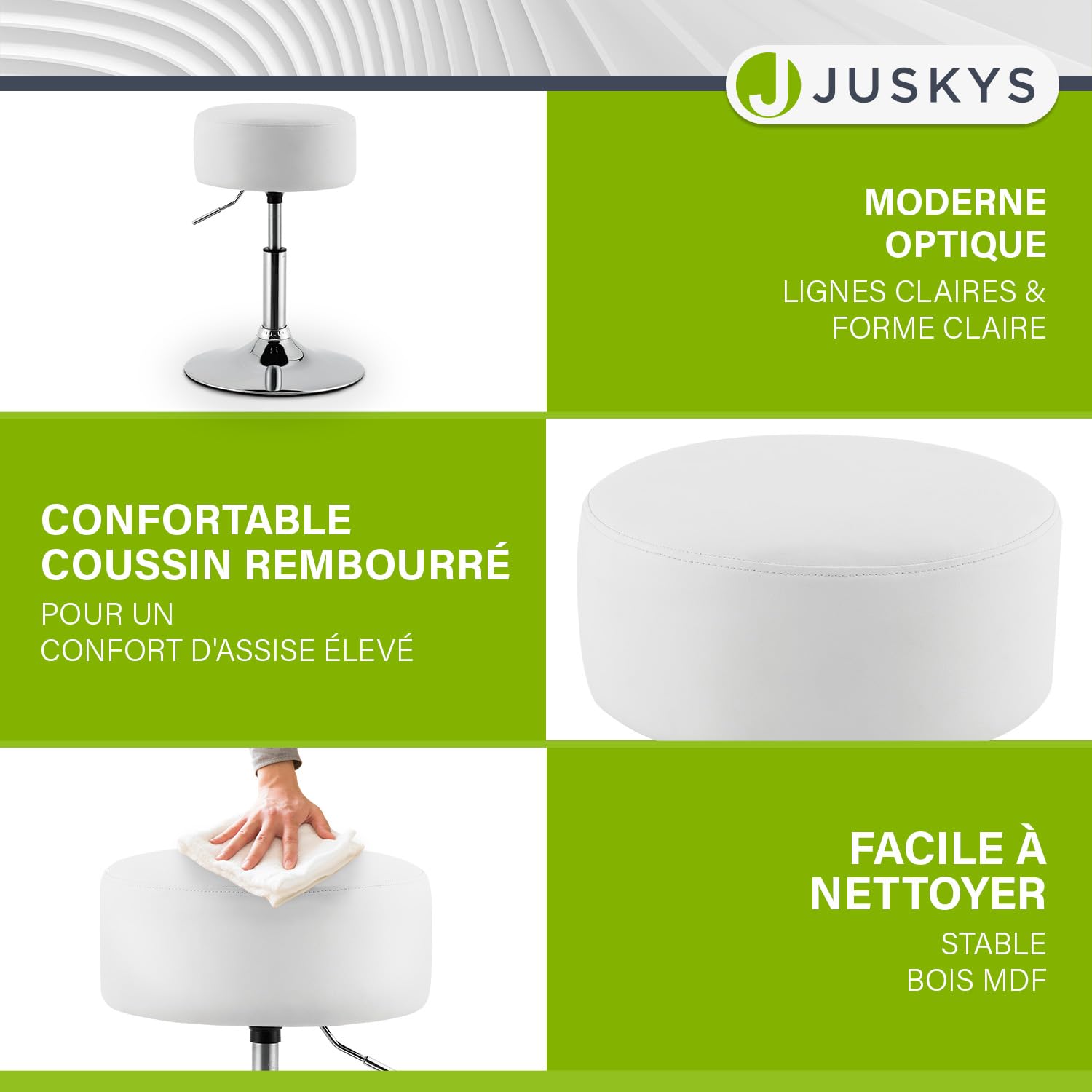 Juskys Tabouret de Coiffeuse Tonia, réglable en Hauteur de 49 à 64 cm, Ergonomique, Rond de 33 cm, Tabouret rembourré avec revêtement en Simili Cuir Blanc