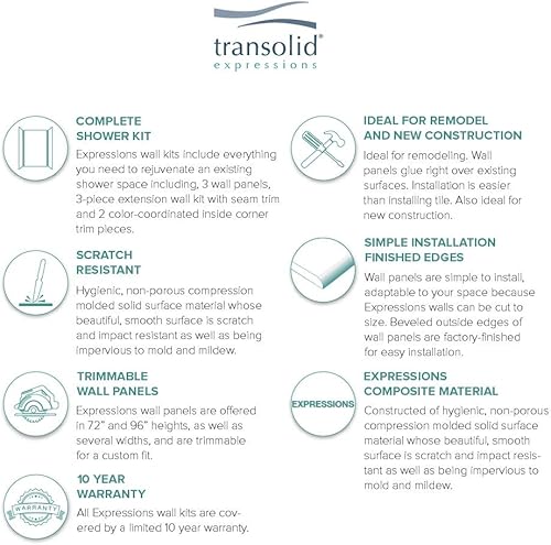 Miniatura 108 de Transolid EWKX483696-41 Expressions - Kit de pared de ducha de 6 paneles con extensión, 36 pulgadas de largo x 48 pulgadas de ancho x 96 pulgadas