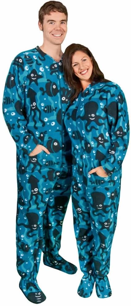 Adult One Piece Pajamas Aquarium Fleece with Butt Flap