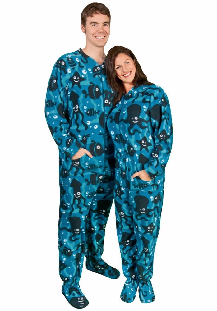 Adult One Piece Pajamas Aquarium Fleece with Butt Flap