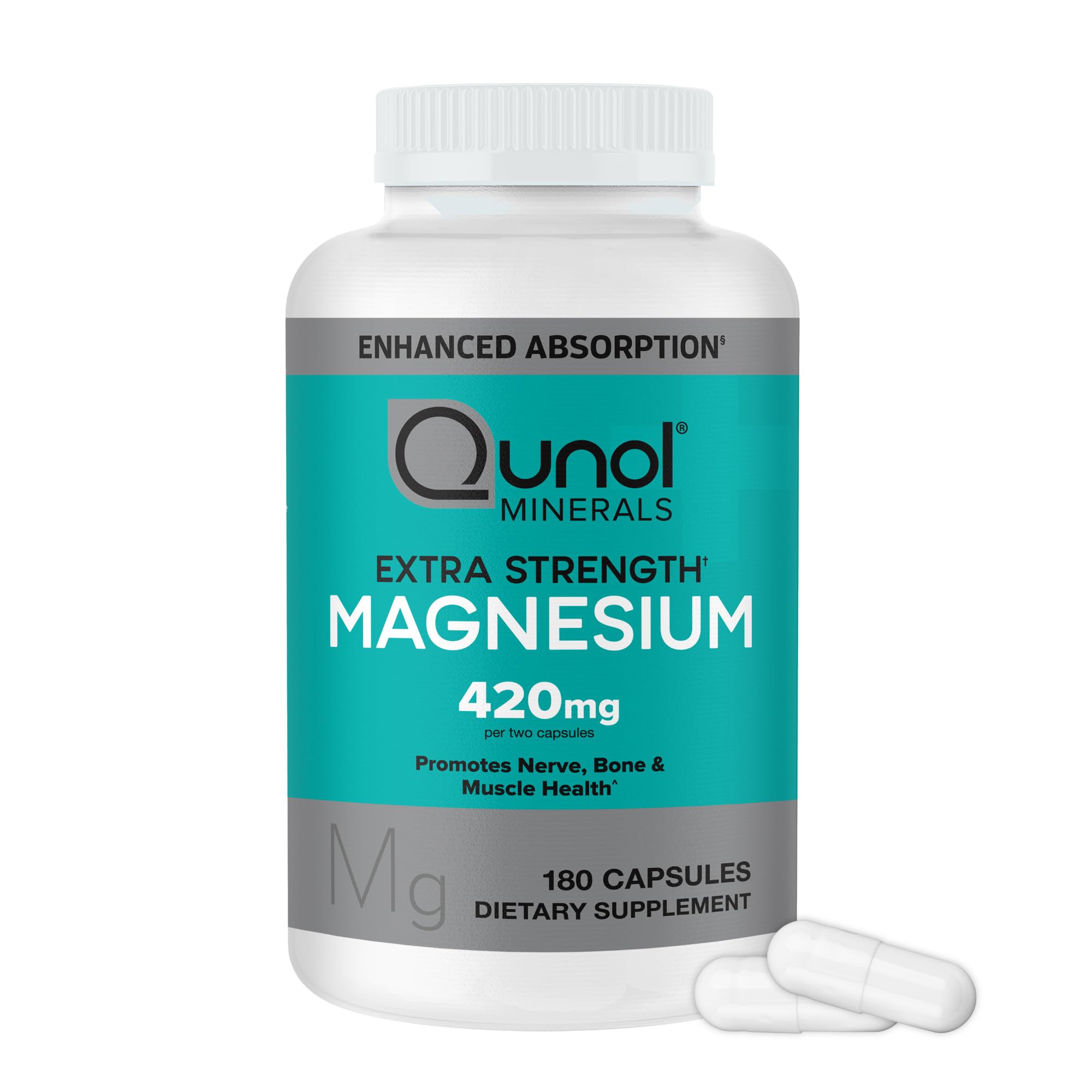 QunolMagnesium Capsules 420mg, 100% DV, High Absorption Magnesium Supplement, Extra Strength, Bone and Muscle Health Supplement, 180 Count