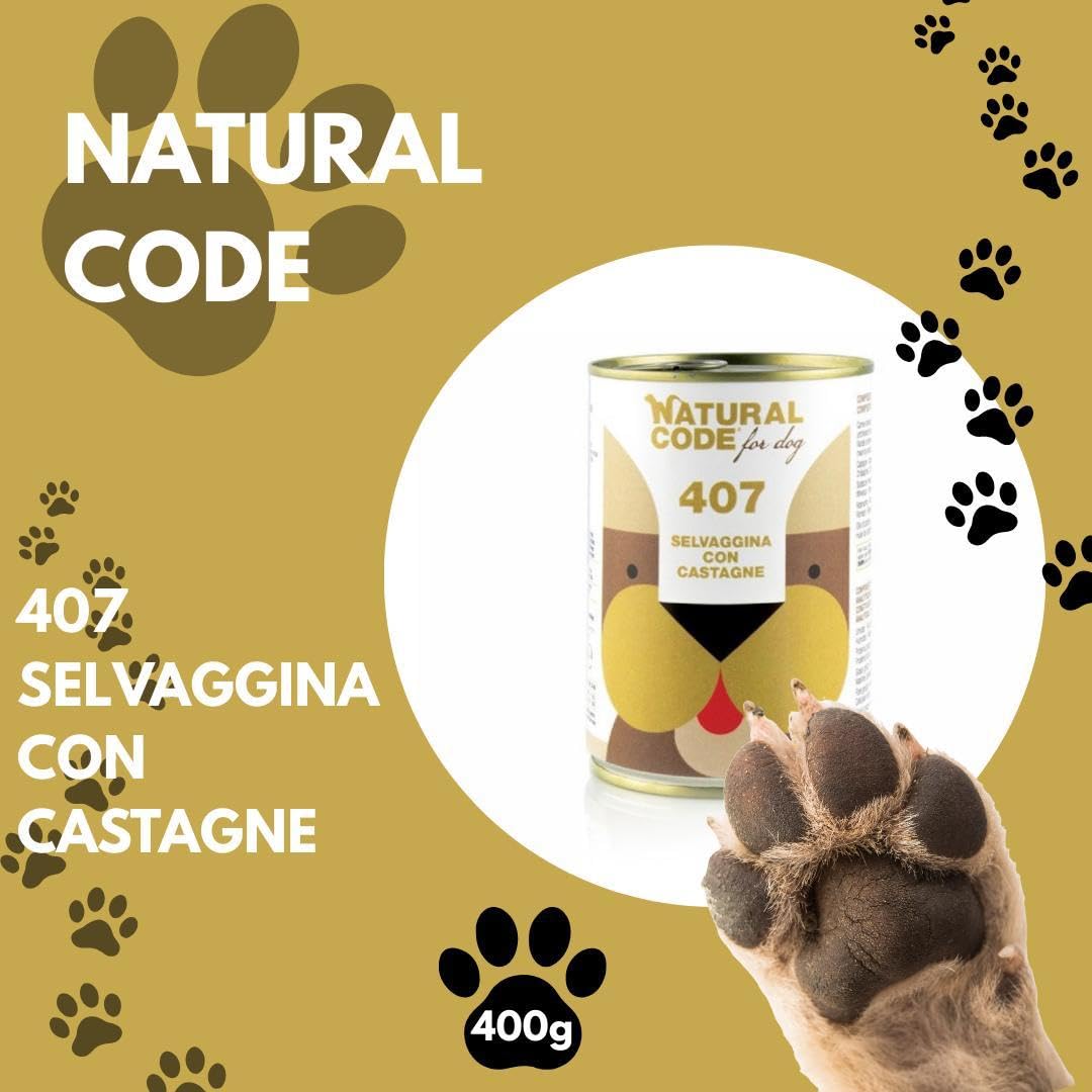 Natural Code - Comida húmeda para perro número 403, sabor de caza con castañas, alimento completo en desfiles para perros adultos de todas las tallas y razas en lata. 6 latas de 400 gramos cada una, 6
