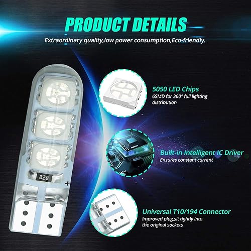 Miniatura 22 de 20 bombillas LED 168 194 T10 súper brillantes 6 x 5050SMD chips COB LED lámpara para luces de cuña de puerta de marcador lateral, blanco, 6000 K Azul