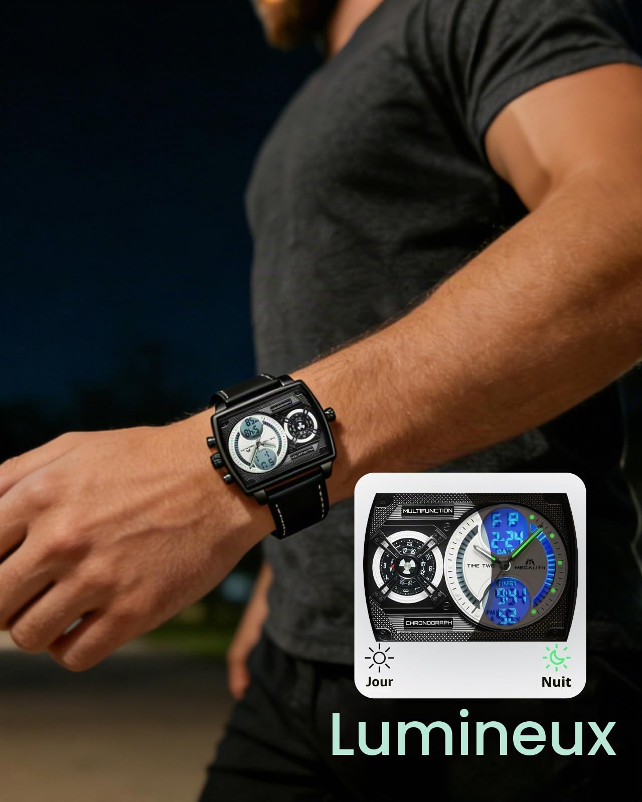 MEGALITH Montre Homme Grand Cadran Carré Design Zone Multi-temporelle Digitale Etanche Analogique Quartz Montre Bracelet Homme Mode