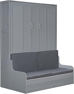 Murphy Bed Cabinet Queen Size with Cushion,Folding Wall Bed Frame W/Sofa Chair and Wood Slat Support,Space-Saving Hidden Platform Bed for Bedroom,Guest Room,Home,Office,Gray