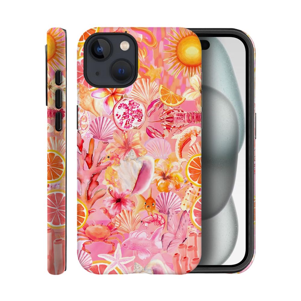 Case for iPhone 15,Frosted Case for Women Girls,Drop Scratch Protective Cover-Colorful Summer Collage Sea Beach