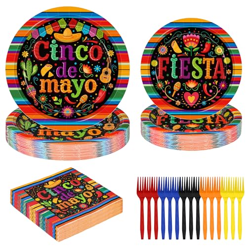 120 Pcs Cinco De Mayo Plates and Napkins Mexican Theme Paper Plates and Napkins Set Disposable Fiesta Decorations Napkins Forks Colorful Floral and Serape Stripe Design for Party Supplies Serve 30