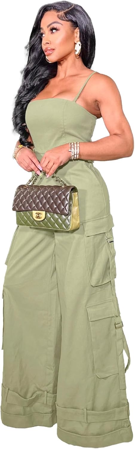 Womens Cargo Jumpsuit Sexy One Piece Outfit Wide Leg Romper Multi Pockets Overalls - Image 2