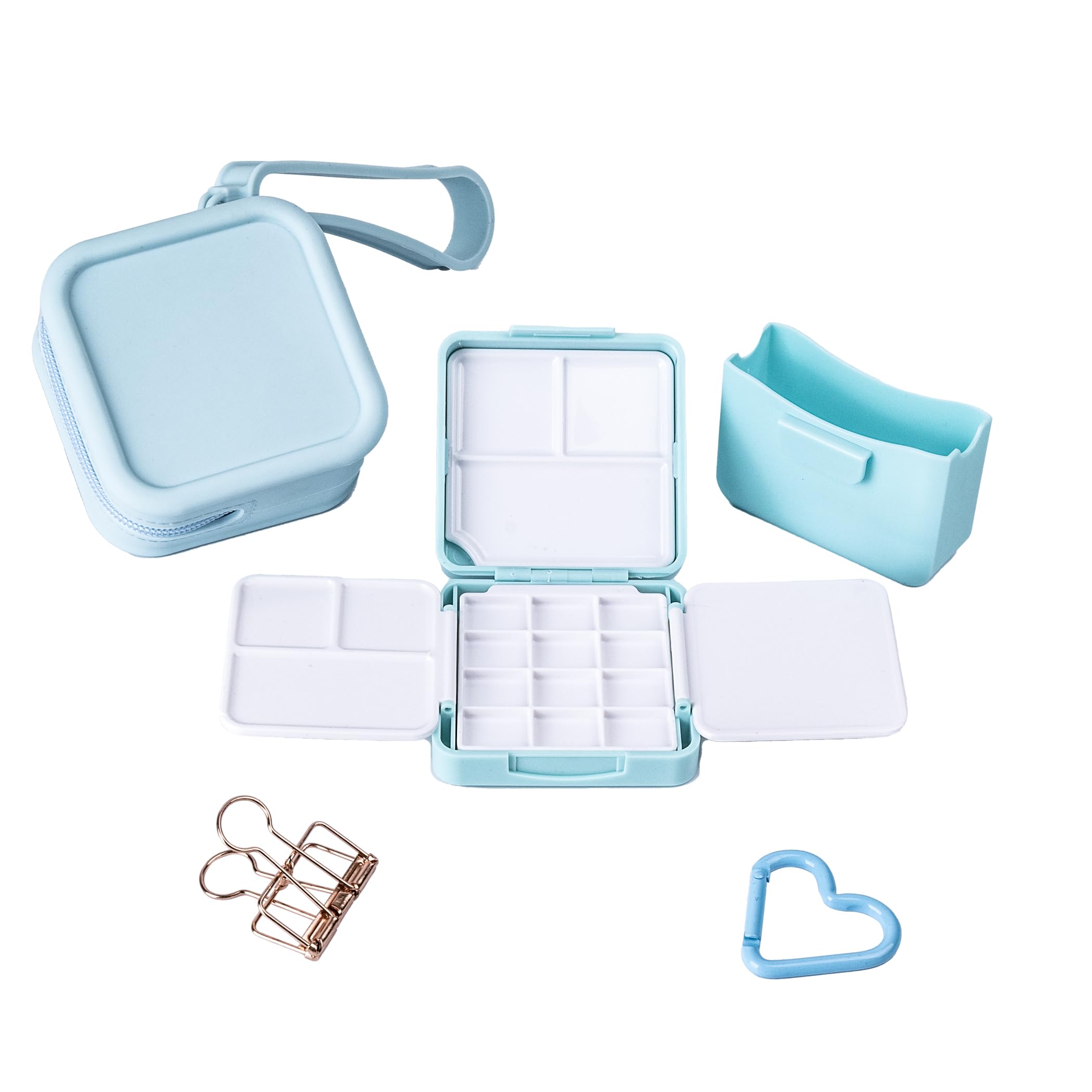 WTYONZEL Travel Pocket Watercolor Set, Artist Outdoor Sketch Kits with 24 Well Palette,3 Foldable Palettes,Clip-on Washing Bucket,Silicone Bag,Ideal