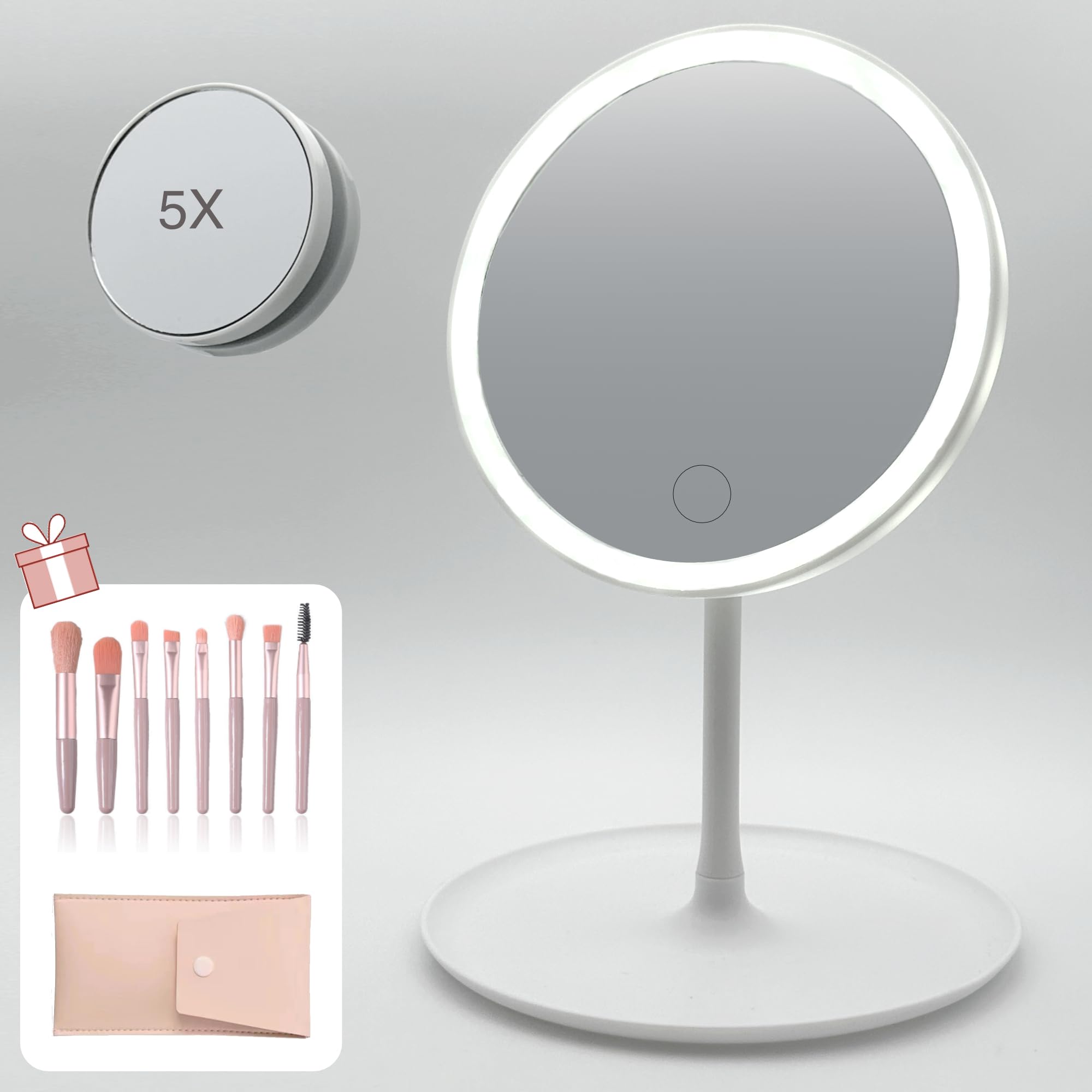 Three Stars | Espejo de Maquillaje con luz Led Recargable | Regalo: Set de 8 brochas | Encendido y regulación del Brillo táctil | 3 Colores de luz | Aumento X1/X5 | Rotación 180°