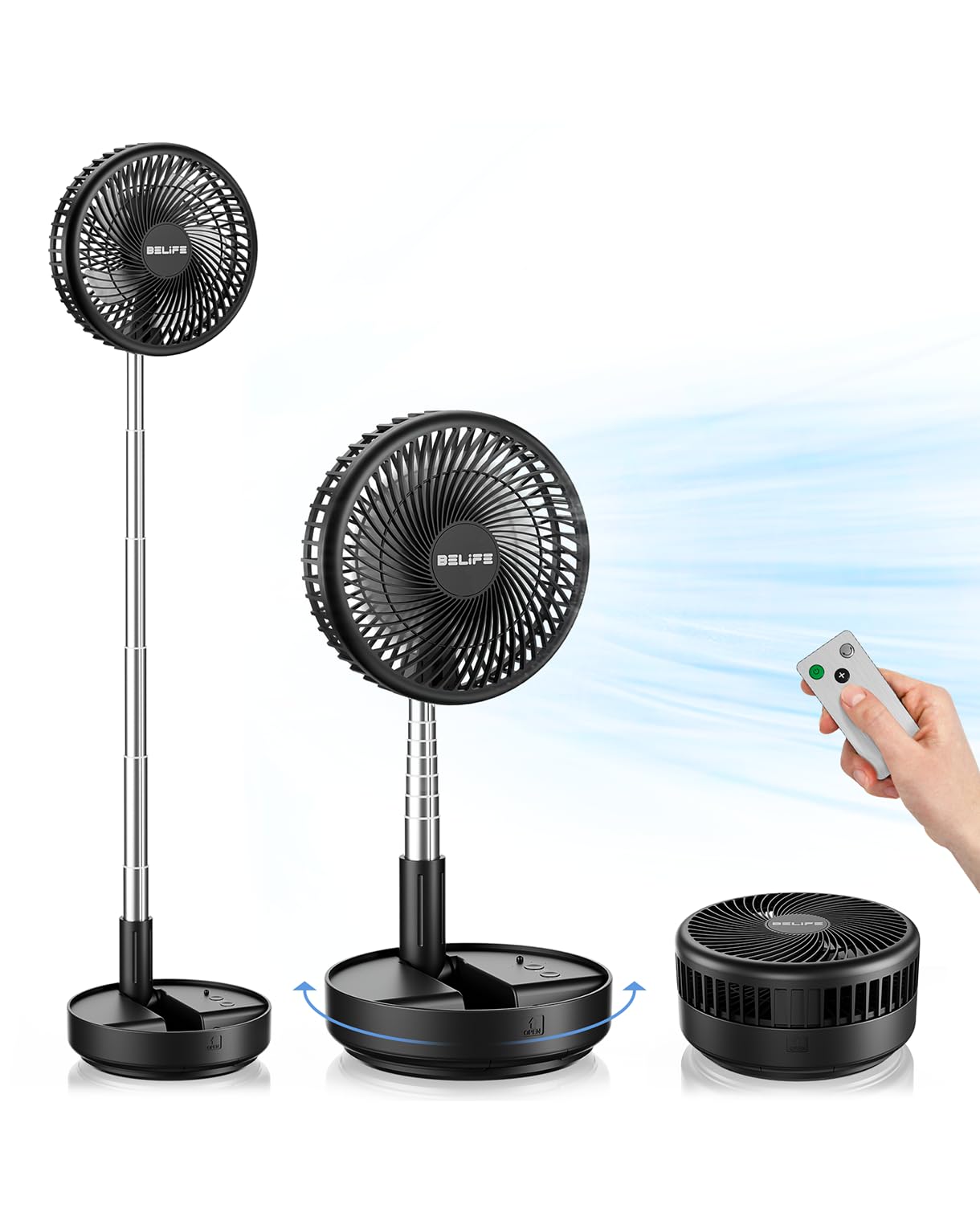 Belife X8 Portable Fan, 7200mAh Battery Powered Rechargeable, Oscillating USB Desk Floor Fan with Remote, Foldable Telescopic Fan for Home Bedroom Sleeping Office Camping Travel, 7.7" (Black) Black Oscillating