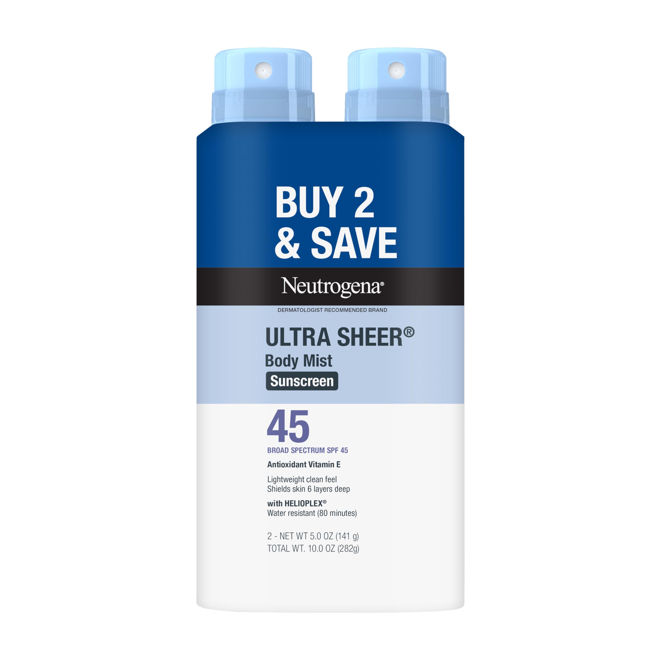 Neutrogena Ultra Sheer Body Mist Sunscreen Spray Broad Spectrum SPF 45 Lightweight Spray Sunscreen Non-Greasy Water Resistant Oil-Free