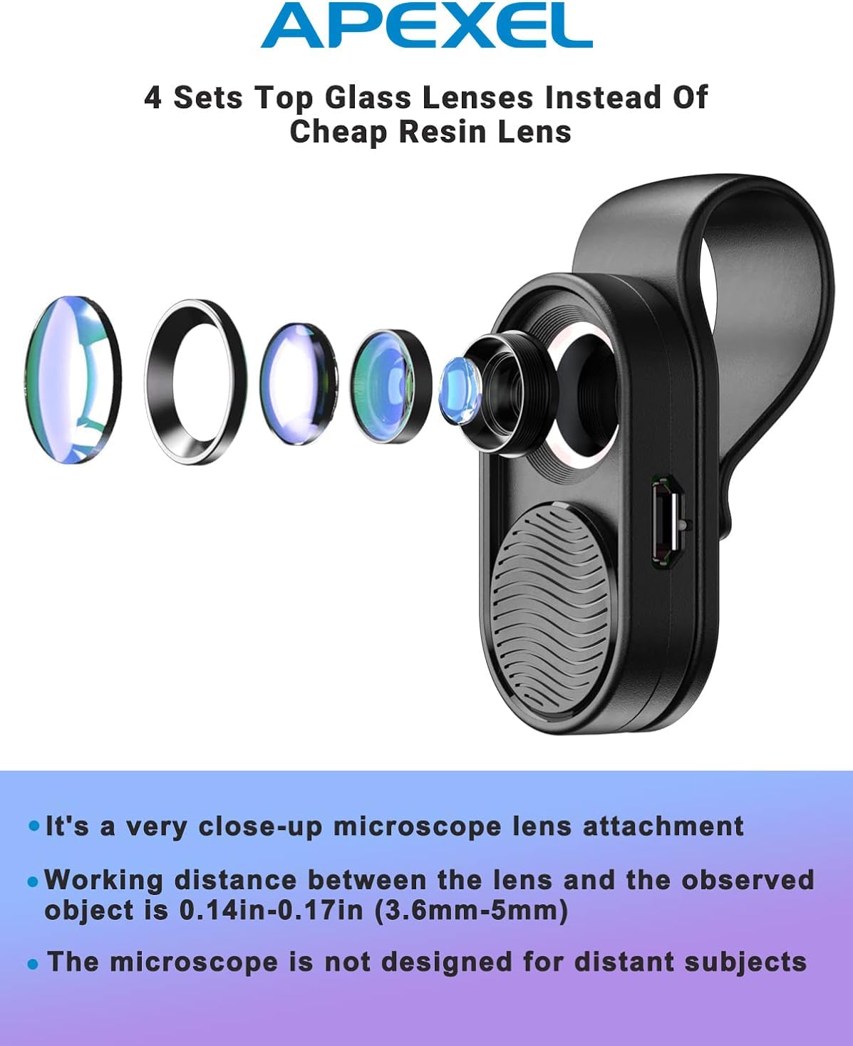 APEXEL Nano Zoom 100x Phone Micro Lens clipped onto a smartphone