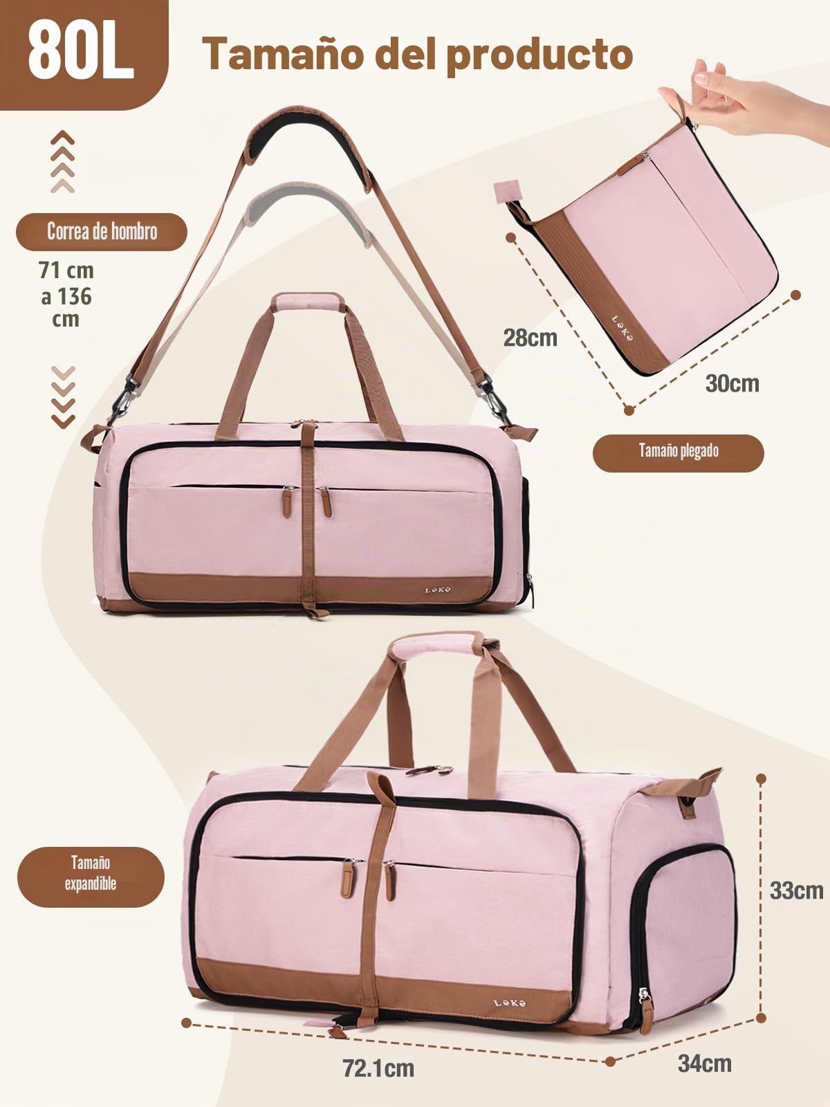 Lekesky Bolsa de Viaje Mujer 80L Bolso de Viaje Plegable Bolsa de Deporte Weekender con Compartimento para Zapatos, Bolsa de Equipaje de Mano Impermeable/Bolsa de Deporte/Bolsa de Hospital (Rosa)